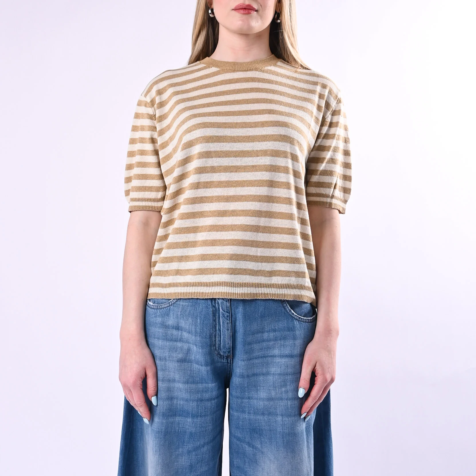 TENSIONE IN - MAGLIA A RIGHE MEZZA MANICA ART. 26295/LS - LATTE/SABBIA - Image 2