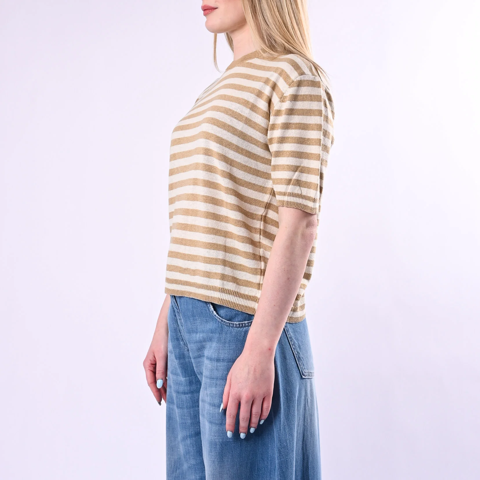 TENSIONE IN - MAGLIA A RIGHE MEZZA MANICA ART. 26295/LS - LATTE/SABBIA - Image 3