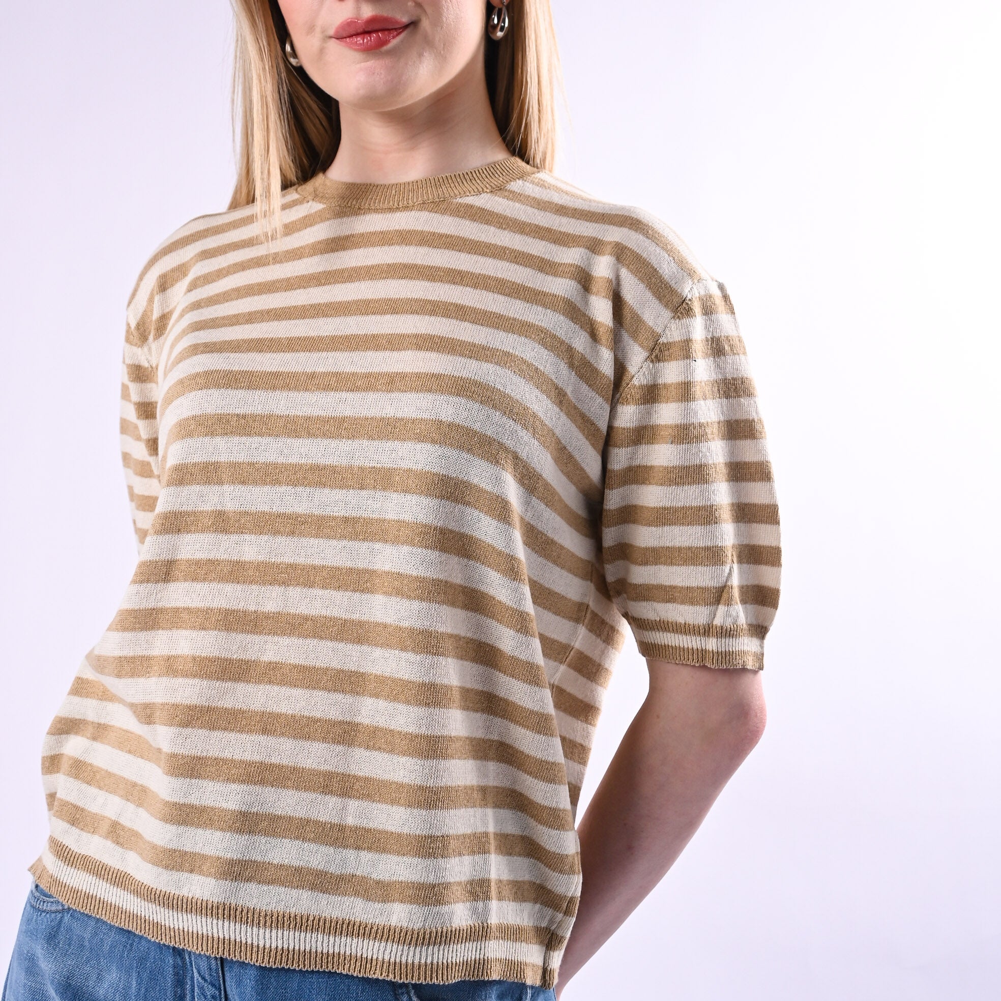 TENSIONE IN - MAGLIA A RIGHE MEZZA MANICA ART. 26295/LS - LATTE/SABBIA - Image 5