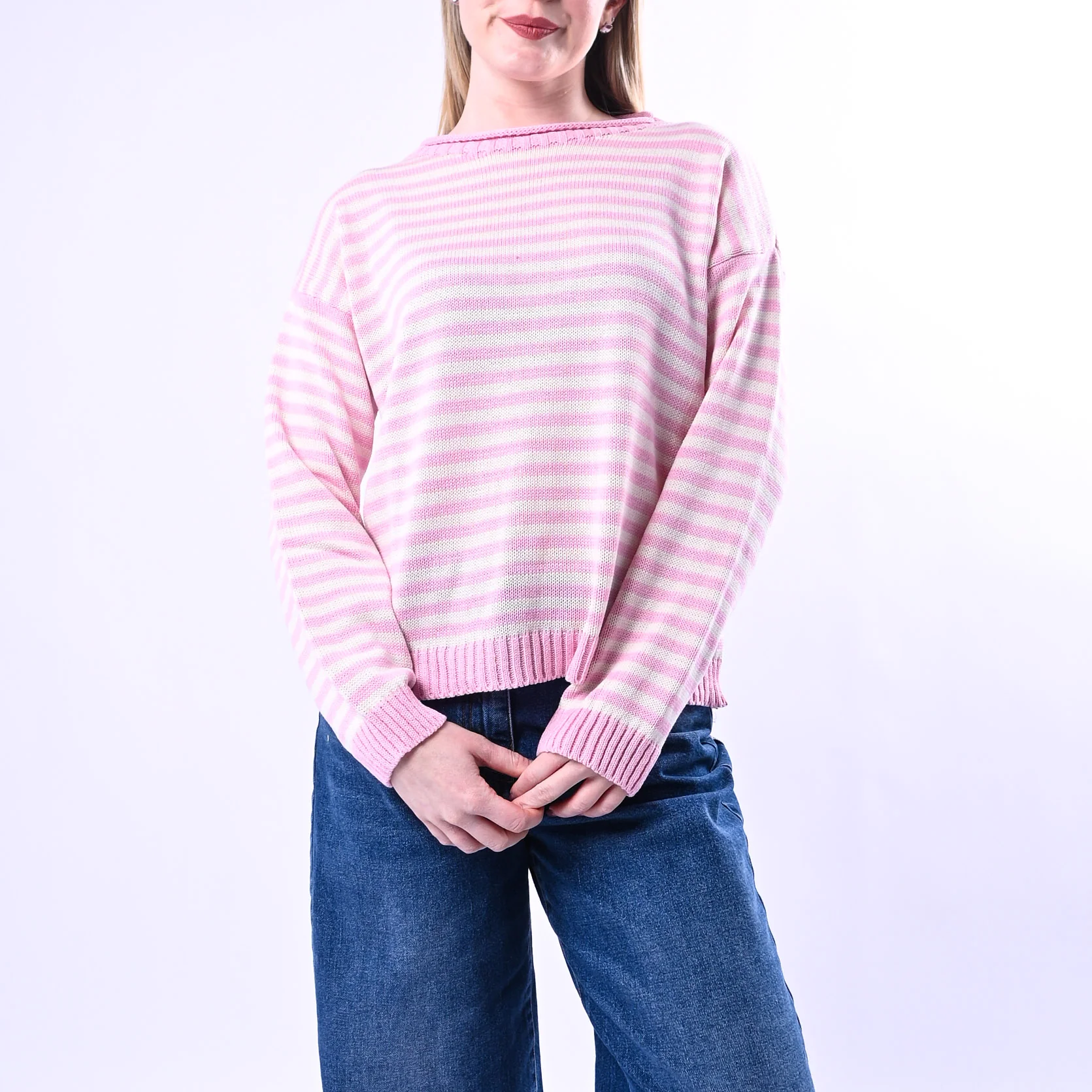 TENSIONE IN - MAGLIA GIROCOLO A RIGHE ART.26314/R - ROSA/LATTE