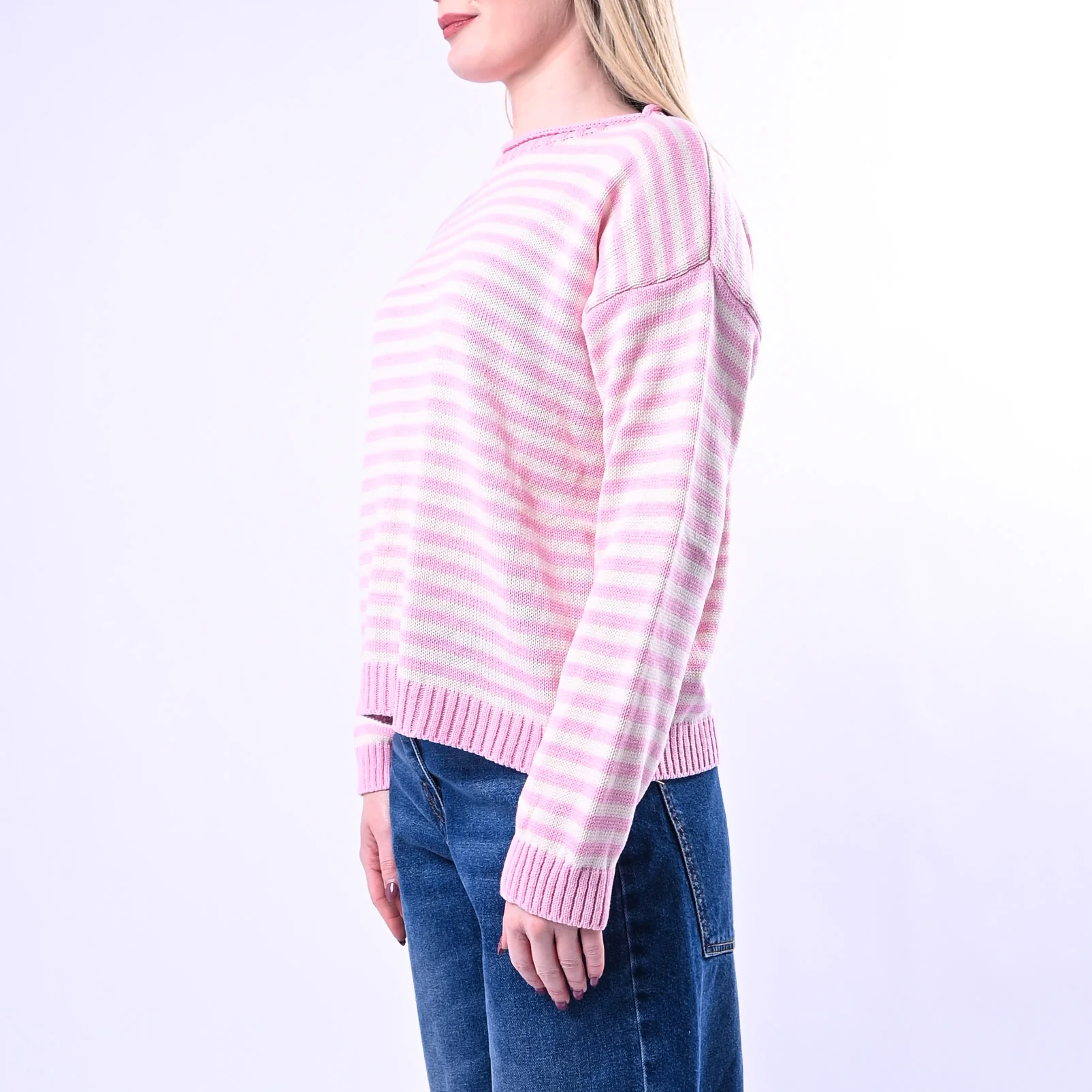 TENSIONE IN - MAGLIA GIROCOLO A RIGHE ART.26314/R - ROSA/LATTE - Image 3