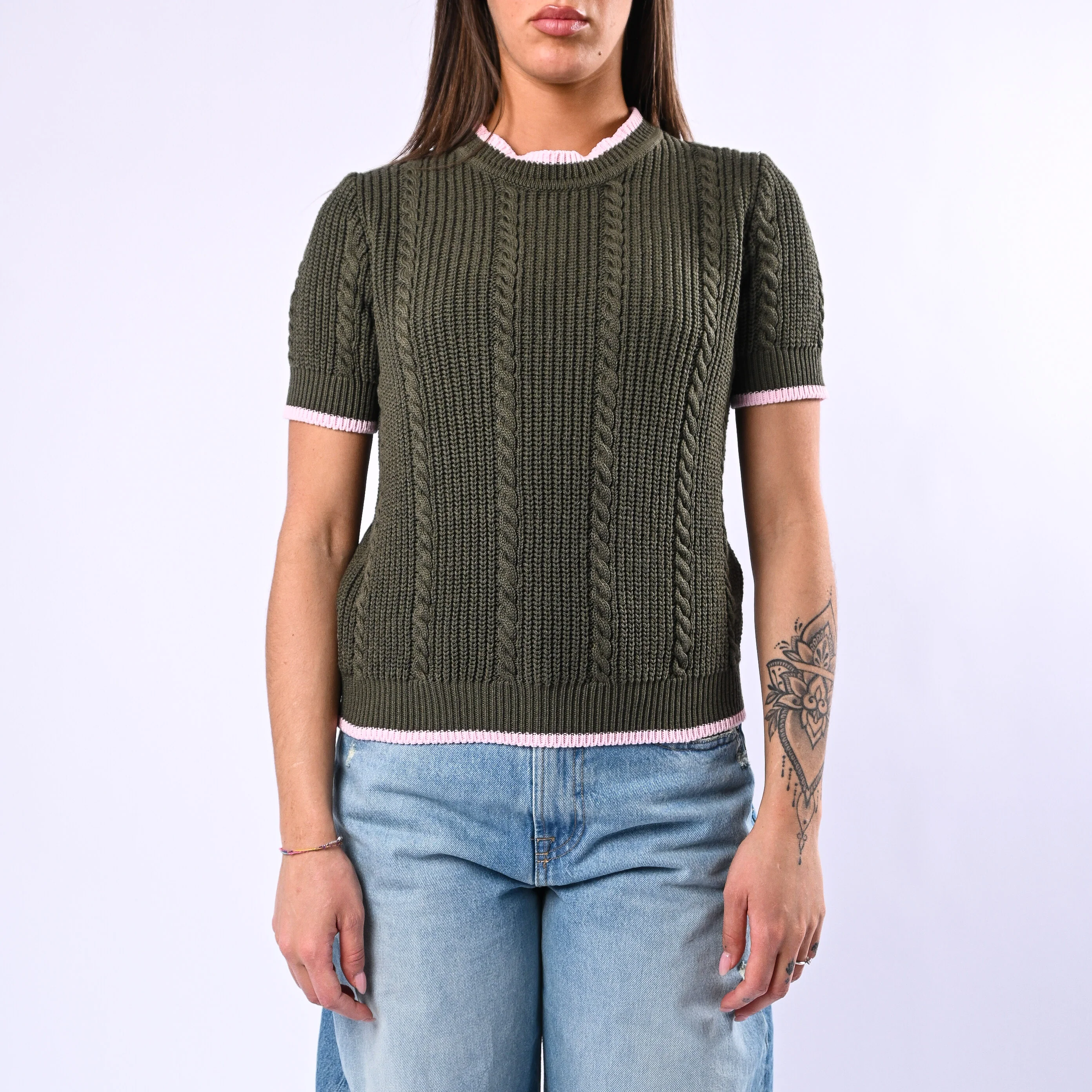 TENSIONE IN - MAGLIA TRECCE MANICA CORTA ART.MJ02A - VERDE/ROSA - Image 2