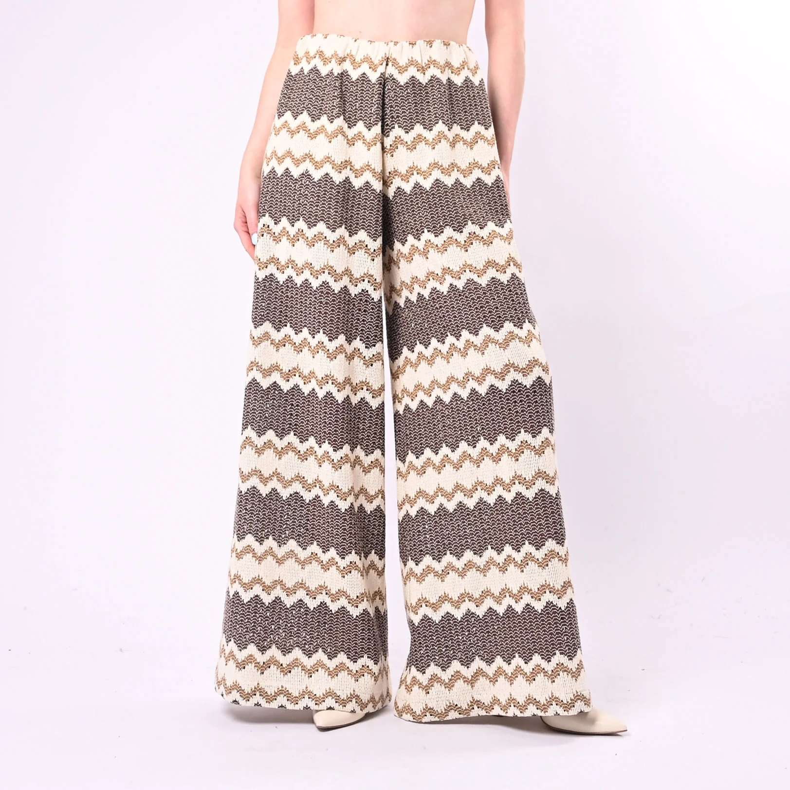 TENSIONE IN - PANTALONE CROCHET FANTASIA ETNICA ART. S26PC05/PM - PANNA/MORO
