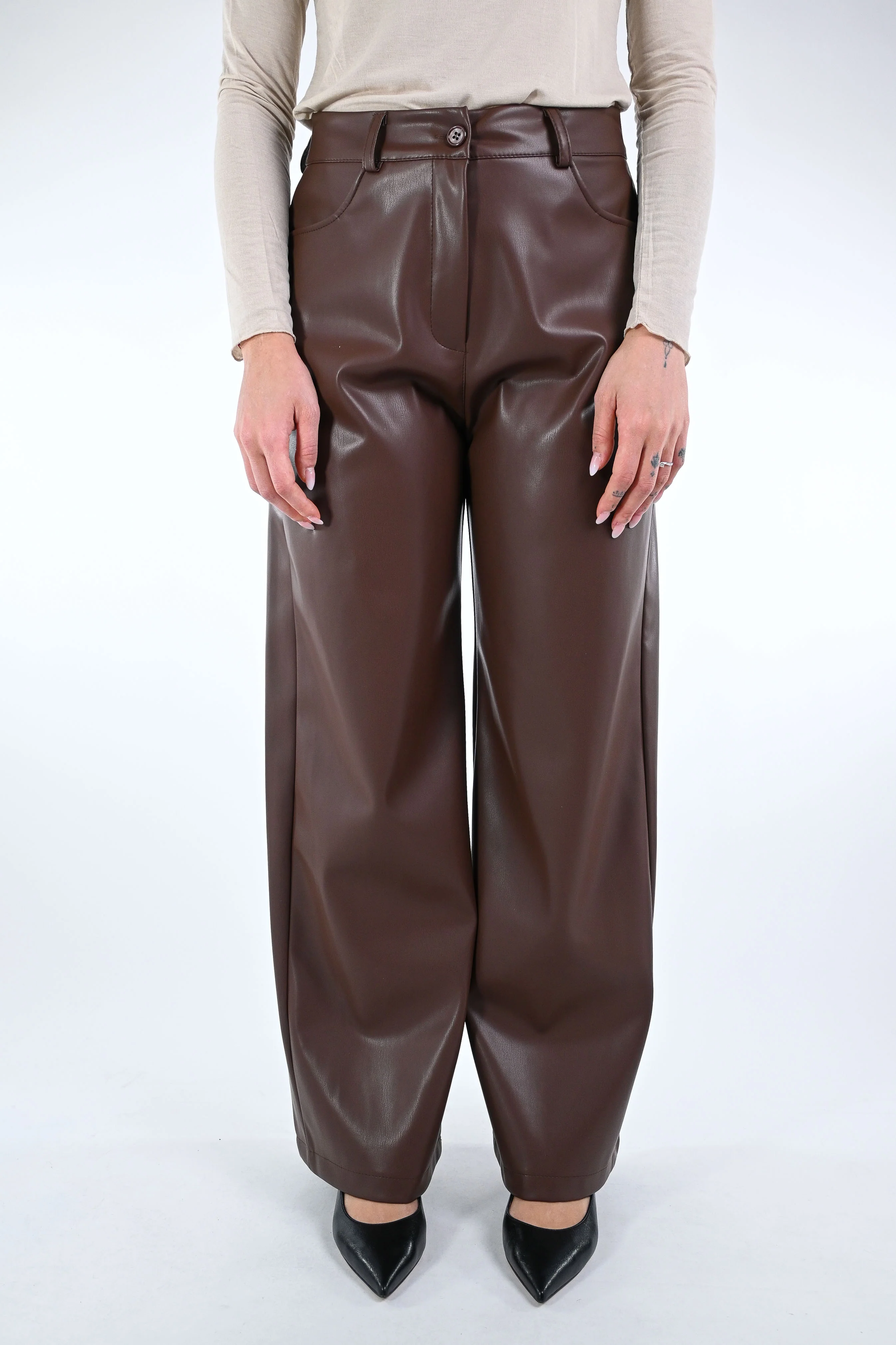 TENSIONE IN - PANTALONE GIUSY ECOPELLE ART.224155-25 - CAFFE' - Image 2