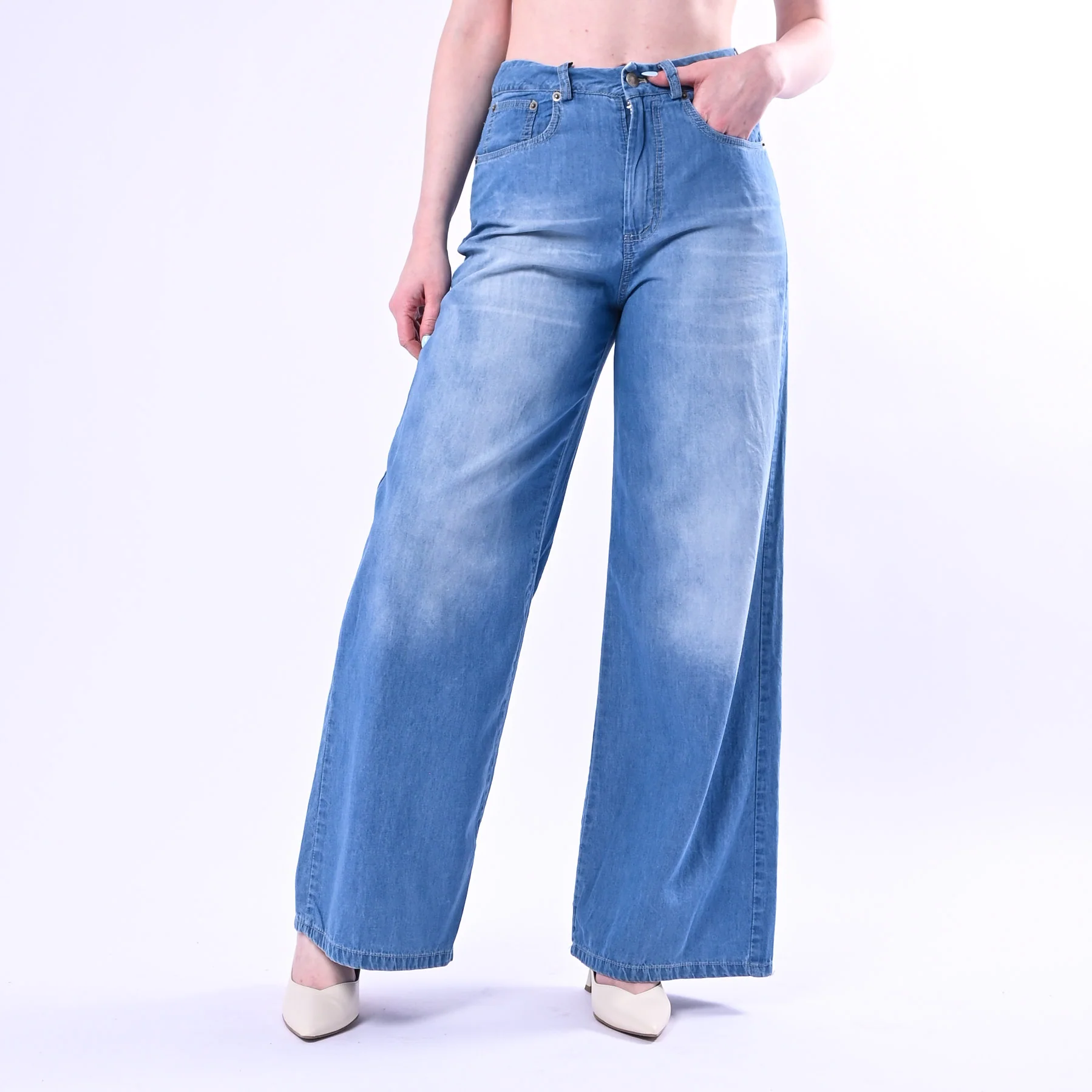 TENSIONE IN - PANTALONE PALAZZO CHAMBRAY ART. S26PD33 - DENIM CHIARO