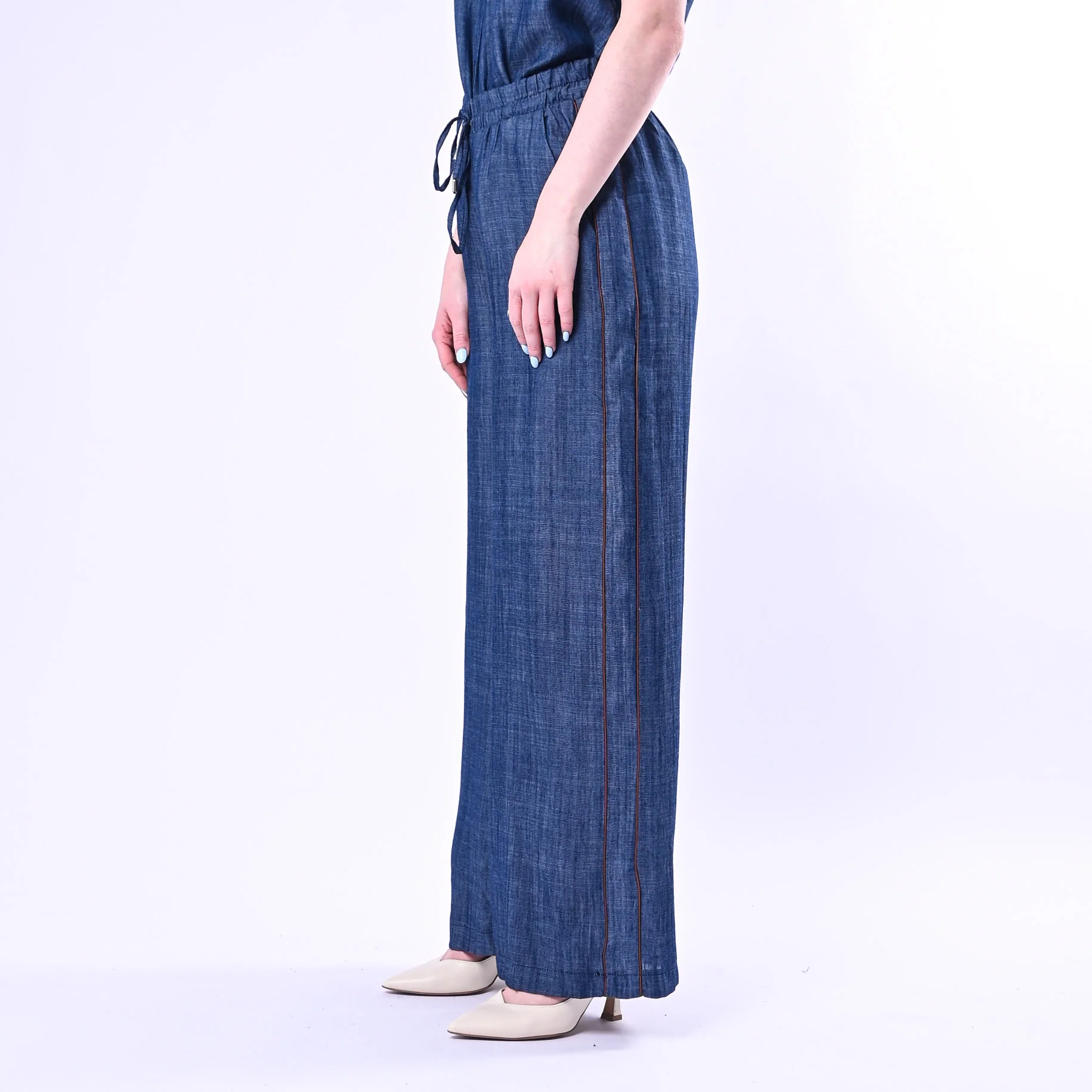 TENSIONE IN - PANTALONE PALAZZO CHAMBRAY CON PROFILI LATERALI ART. S26PB88/B - BLU - Image 3