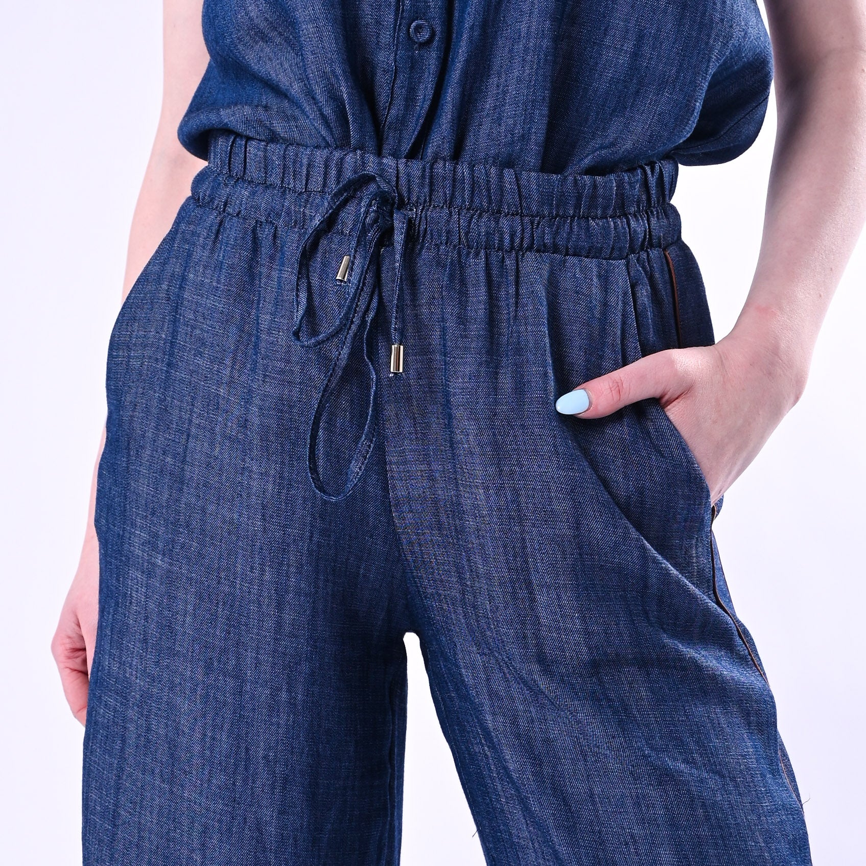 TENSIONE IN - PANTALONE PALAZZO CHAMBRAY CON PROFILI LATERALI ART. S26PB88/B - BLU - Image 5