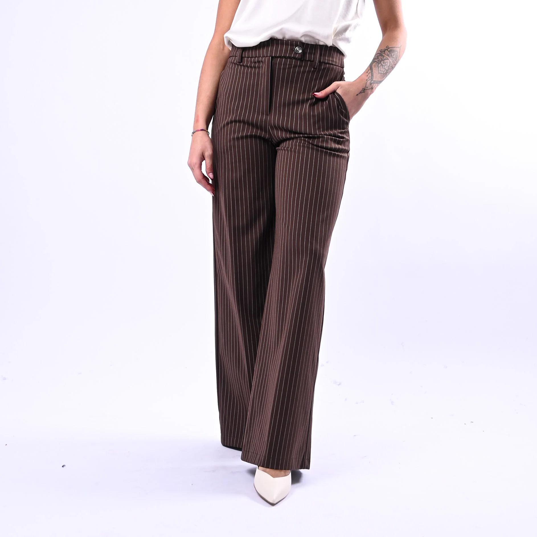 TENSIONE IN - PANTALONE PALAZZO GESSATO PUNTO MILANO ART.26B4075 - MORO