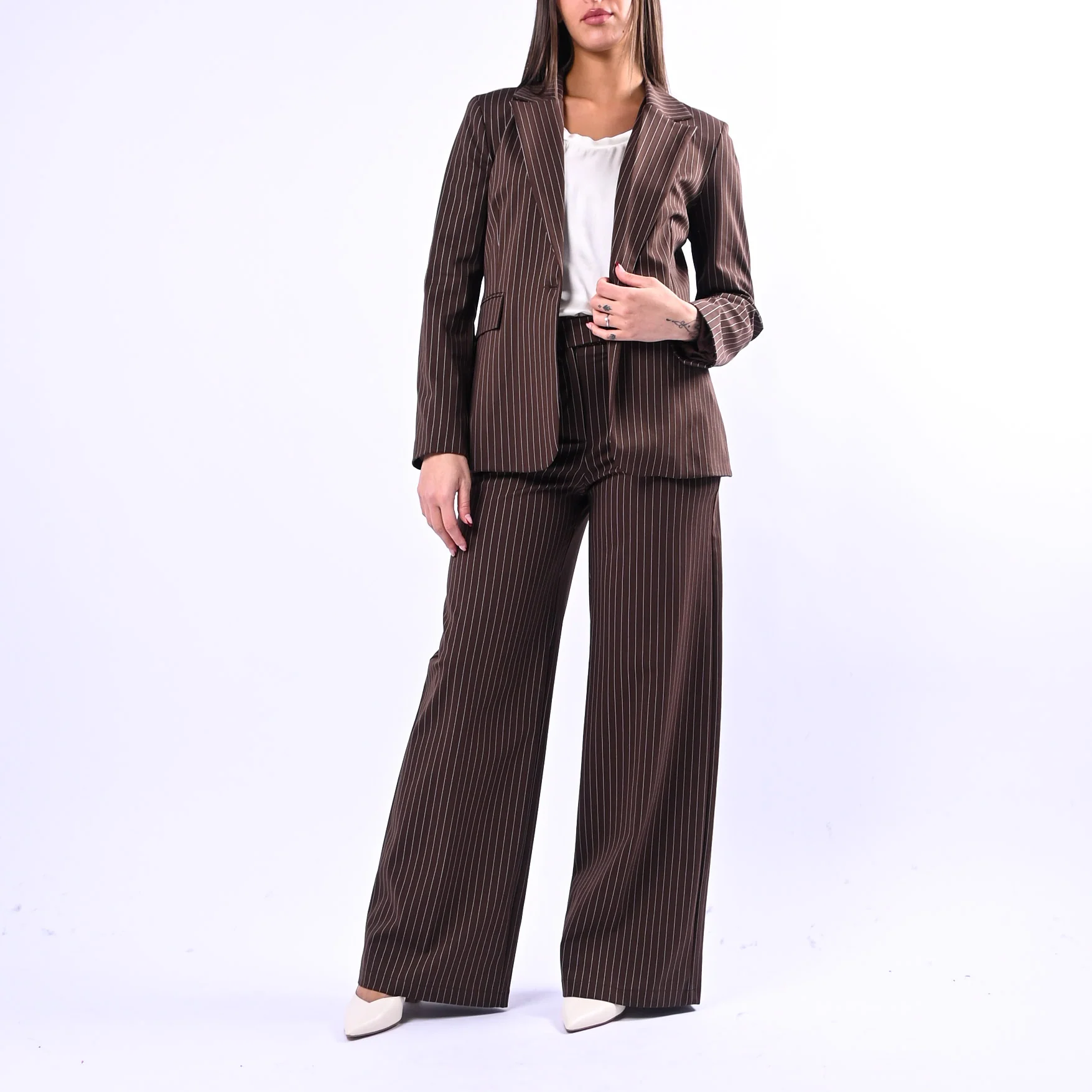 TENSIONE IN - PANTALONE PALAZZO GESSATO PUNTO MILANO ART.26B4075 - MORO - Image 6
