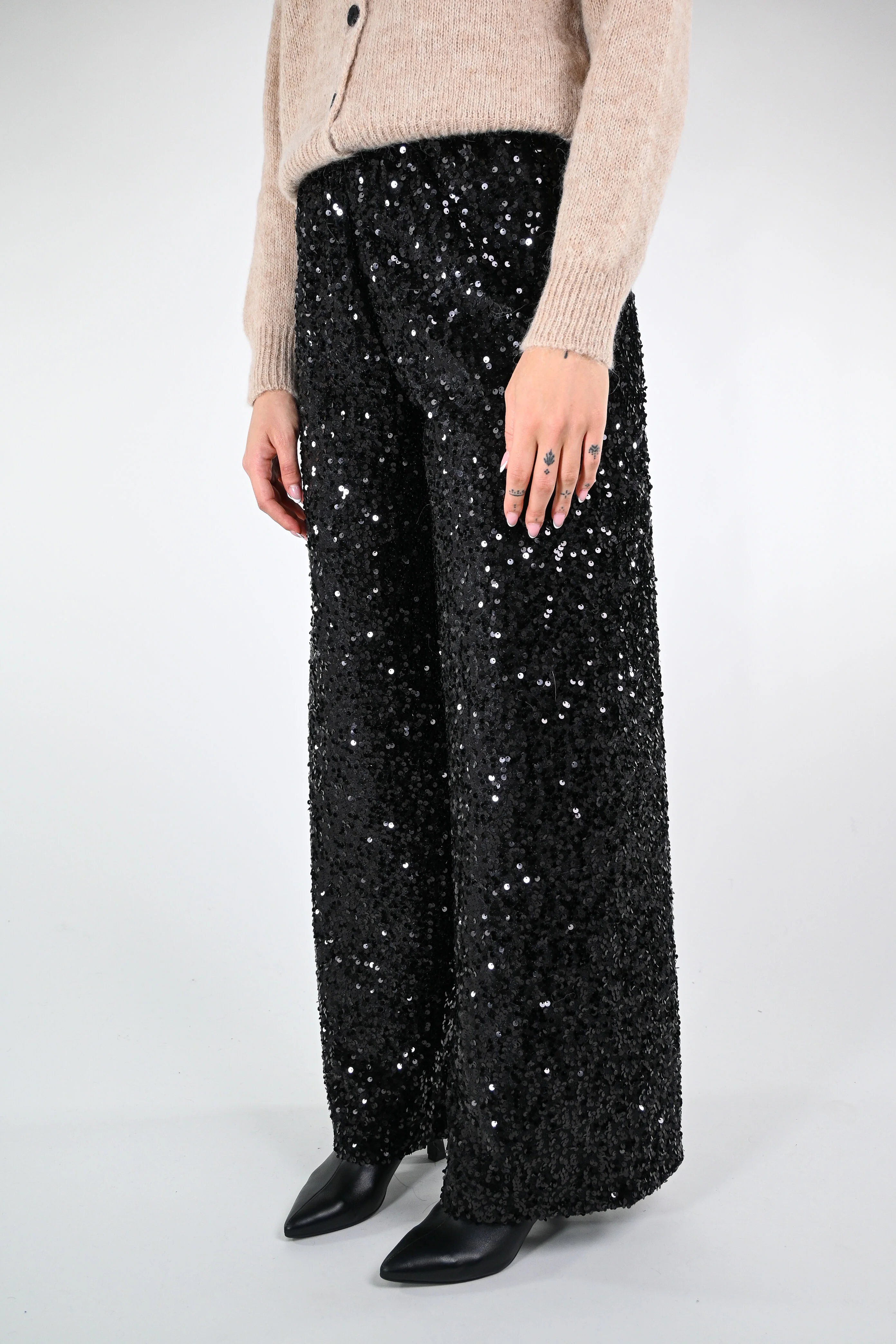 TENSIONE IN - PANTALONE PALAZZO PAILLETTES ART.W25PC73 - NERO - Image 3