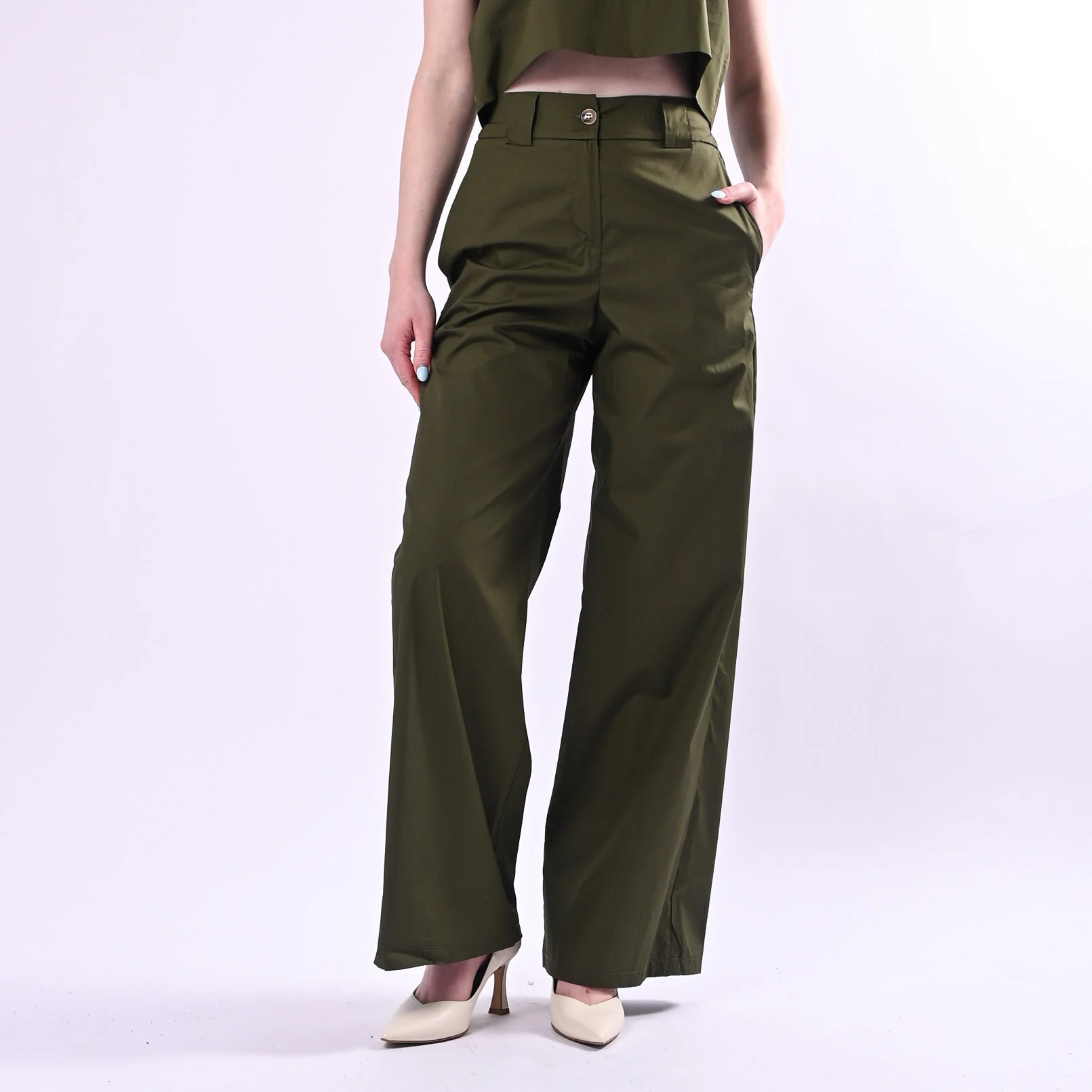 TENSIONE IN - PANTALONE PALAZZO TELA VELA ART.26P4934/M - MILITARE