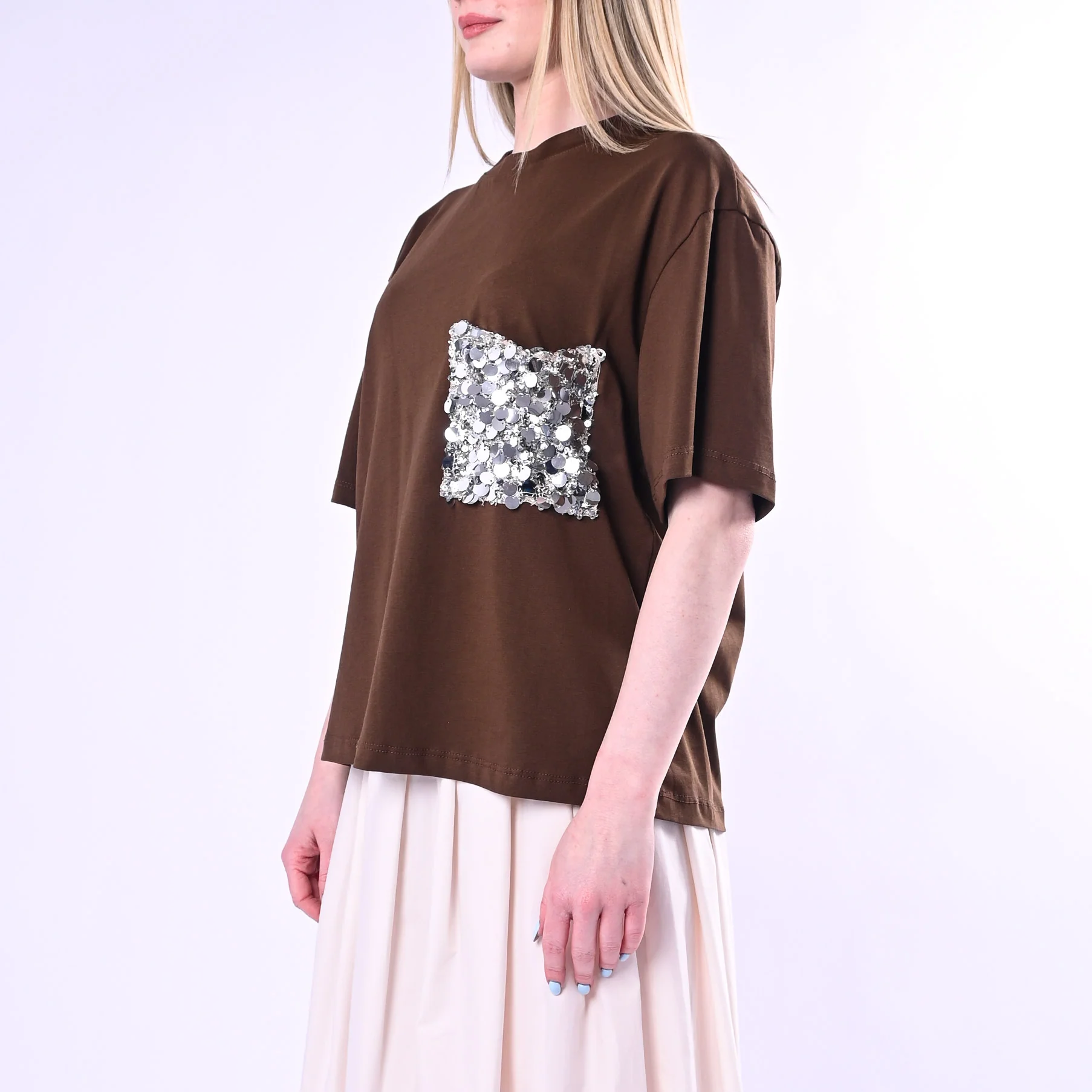 TENSIONE IN - T-SHIRT A SCATOLA TASCA PAILLETTES ART.260112/M - MORO - Image 3