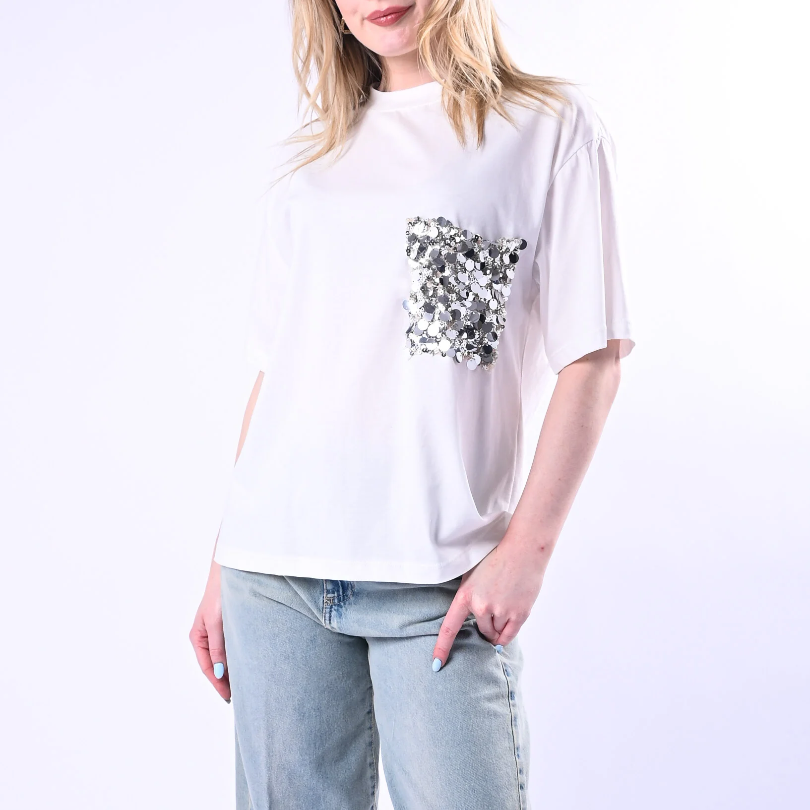 TENSIONE IN - T-SHIRT A SCATOLA TASCA PAILLETTES ART.260112/P - PANNA