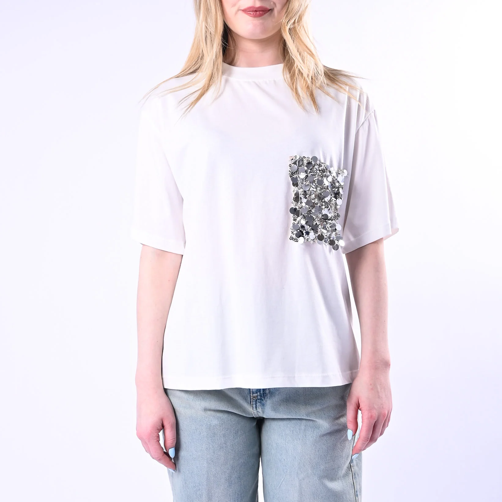 TENSIONE IN - T-SHIRT A SCATOLA TASCA PAILLETTES ART.260112/P - PANNA - Image 2