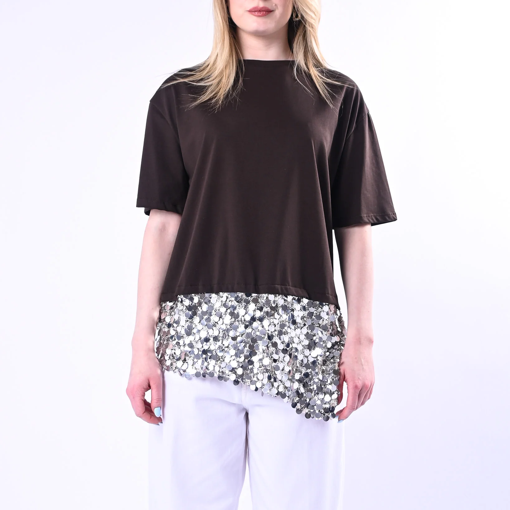 TENSIONE IN - T-SHIRT ASIMMETRICA CON INSERTO PAILLETTES ART.260187/M - MORO - Image 2