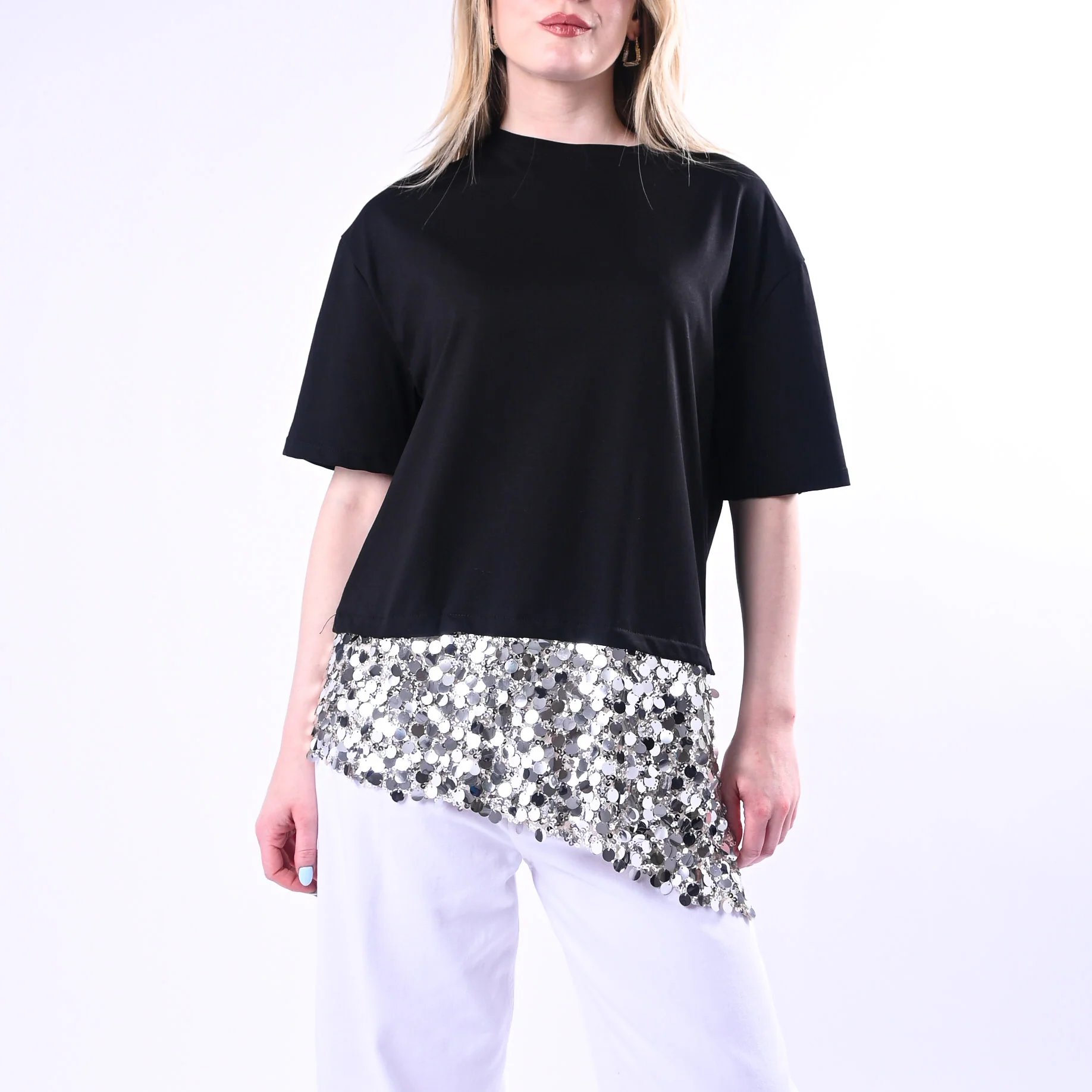 TENSIONE IN - T-SHIRT ASIMMETRICA CON INSERTO PAILLETTES ART.260187/N - NERO