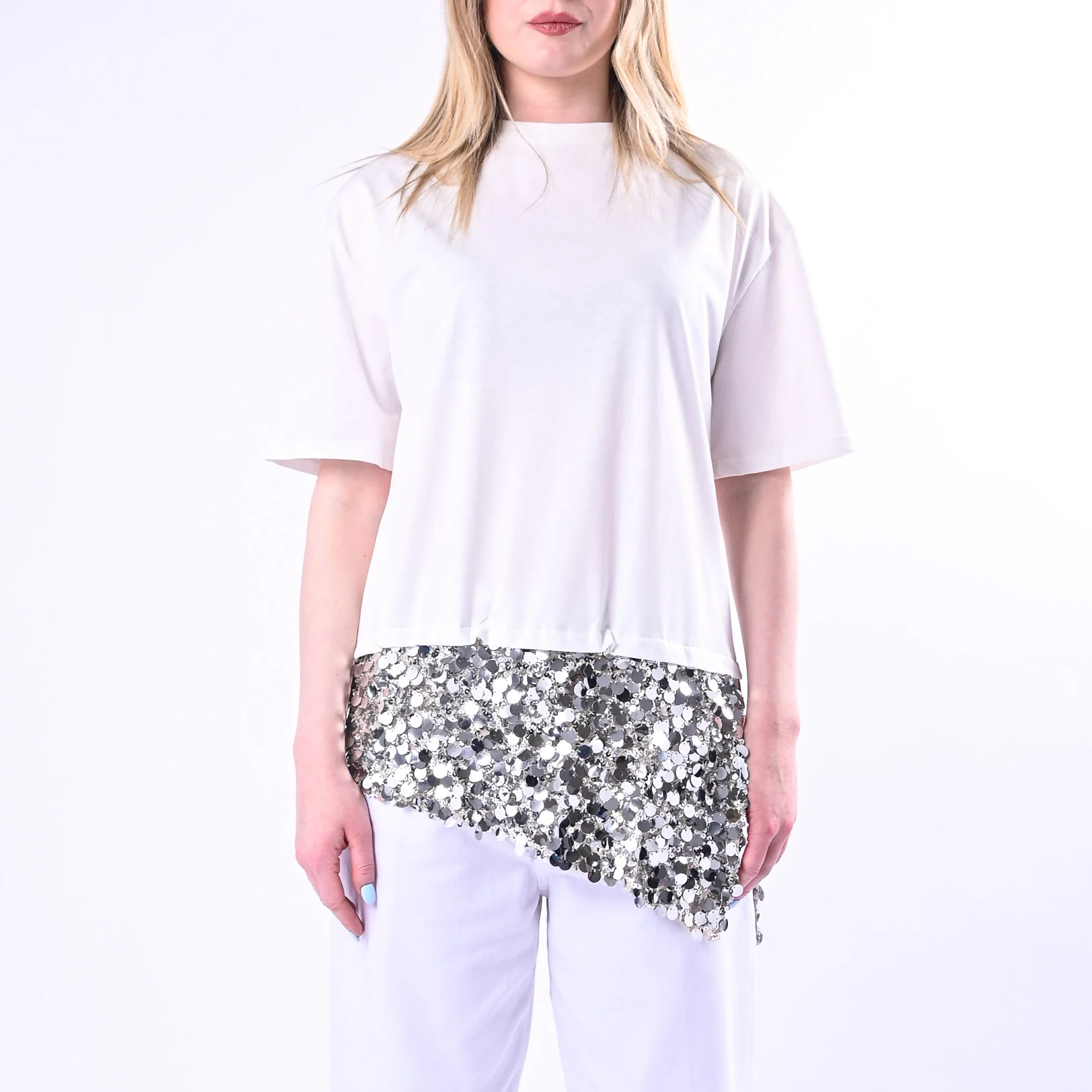 TENSIONE IN - T-SHIRT ASIMMETRICA CON INSERTO PAILLETTES ART.260187/P - PANNA - Image 2