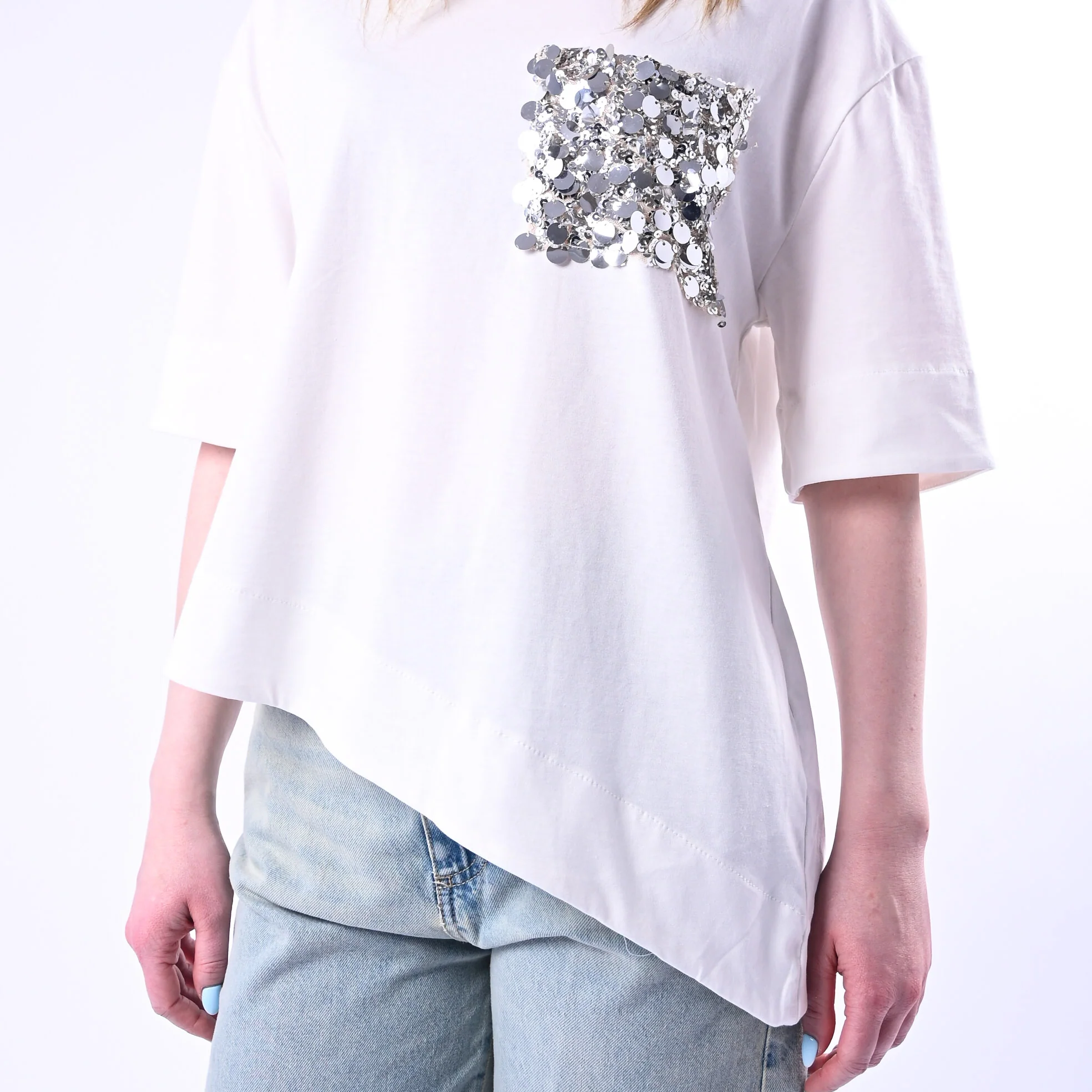 TENSIONE IN - T-SHIRT ASIMMETRICA CON TASCA PAILLETTES ART.260194/P - PANNA - Image 5