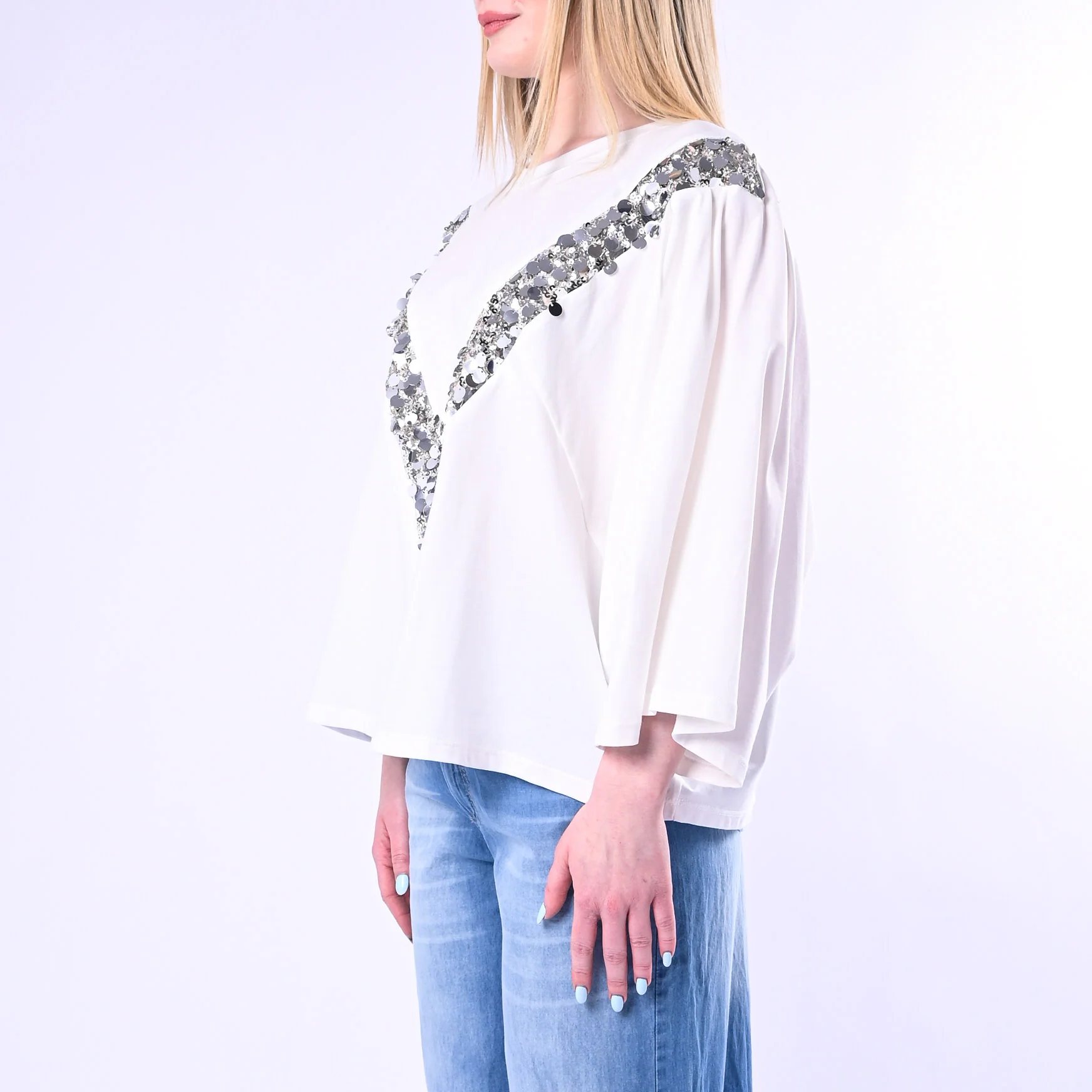 TENSIONE IN - T-SHIRT OVER CON INSERTO PAILLETTES ART.260191/B - BIANCO - Image 3