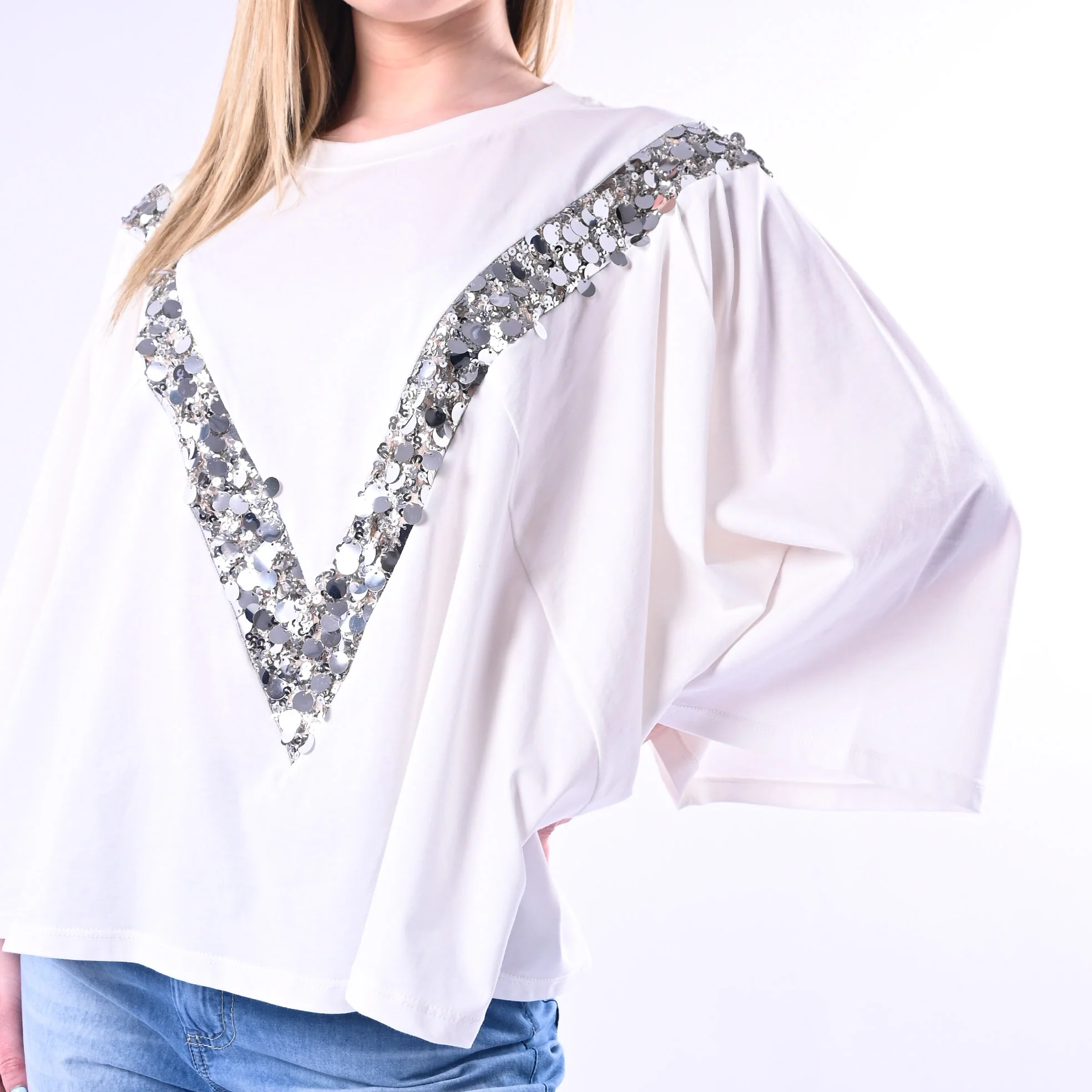 TENSIONE IN - T-SHIRT OVER CON INSERTO PAILLETTES ART.260191/B - BIANCO - Image 5