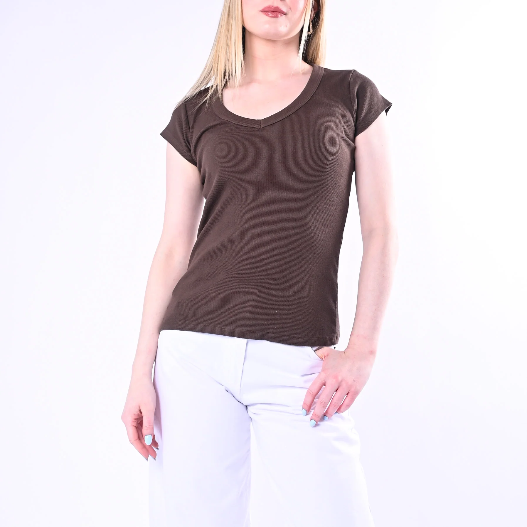 TENSIONE IN - T-SHIRT SCOLLO V A COSTINE ART.21005/C - CIOCCOLATO