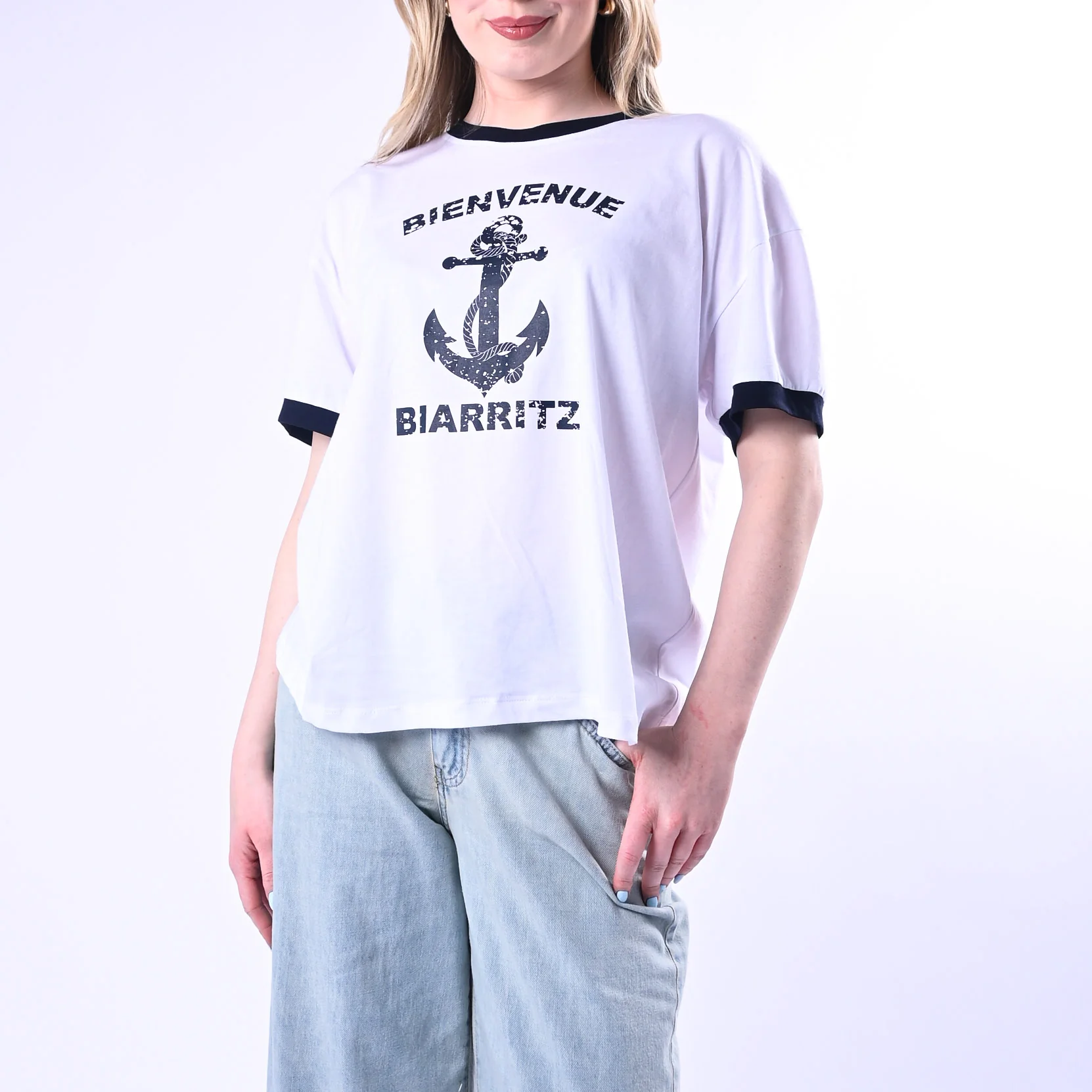 TENSIONE IN - T-SHIRT STAMPA ANCORA ART.26M4734/BB - BIANCO/BLU