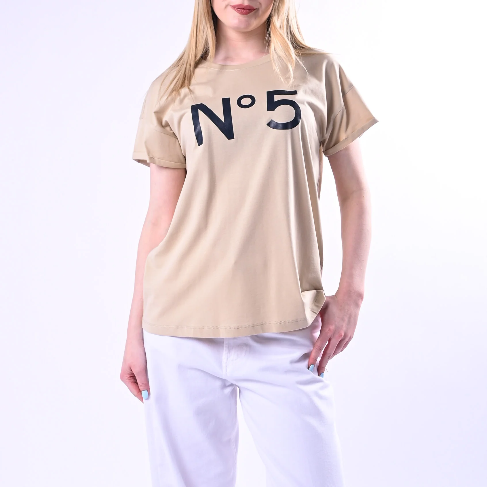 TENSIONE IN - T-SHIRT STAMPA N°5 ART.26M4385/BB - BEIGE/BLU