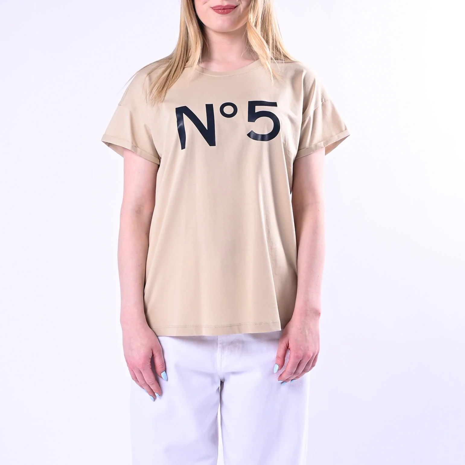 TENSIONE IN - T-SHIRT STAMPA N°5 ART.26M4385/BB - BEIGE/BLU - Image 2