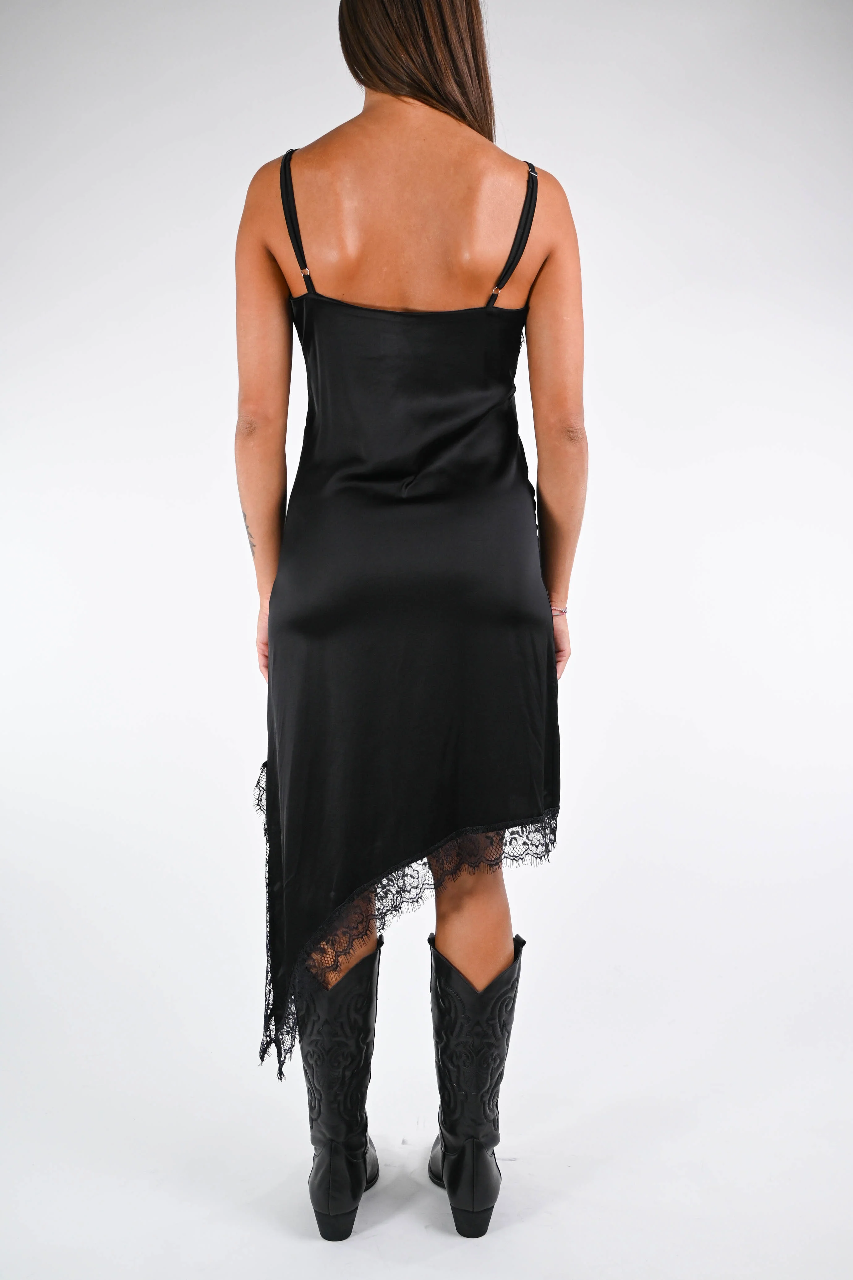 VICOLO - ABITO ASIMMETRICO CON PROFILI IN PIZZO ART.TF1087 - NERO - Image 4