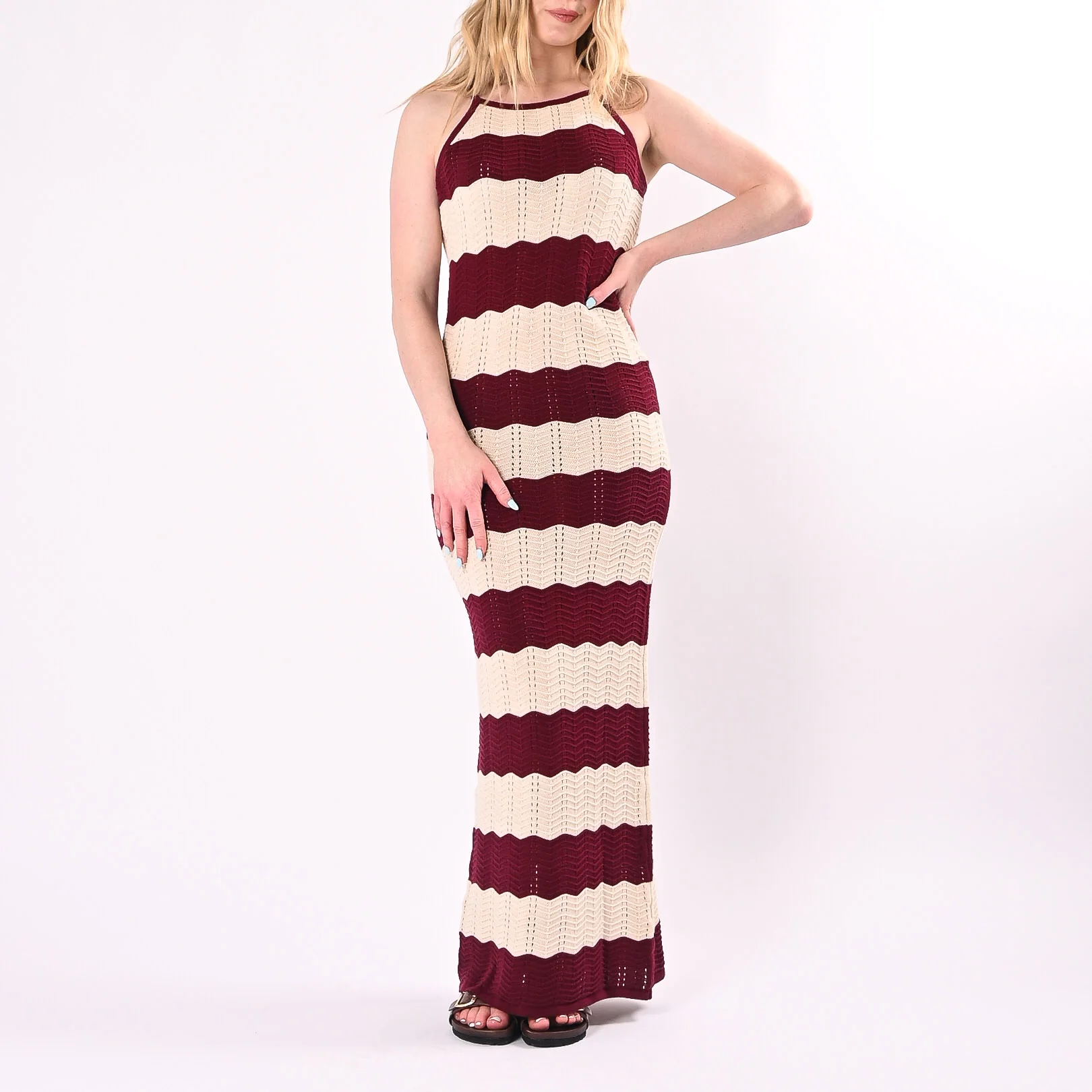 VICOLO - ABITO CROCHET A RIGHE SCOLLO AMERICANA ART. 7AB7095/PB - PANNA/BORDEAUX