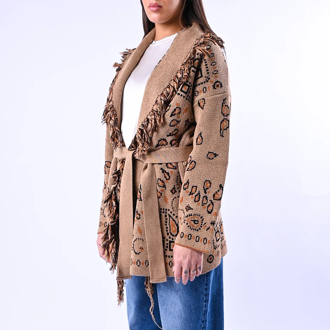 VICOLO - CARDIGAN STAMPA BANDANA E FRANGE ART.7AB7037 - CAMMELLO/NERO - Image 3