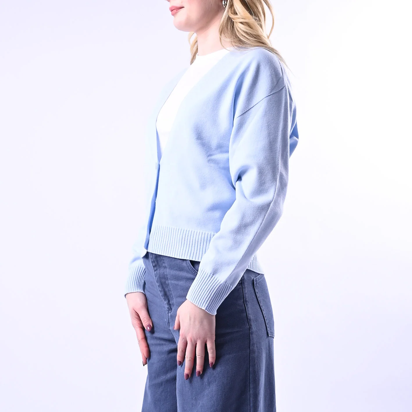 VICOLO - CARDIGAN VISCOSA BOTTONE GIOIELLO ART.7AB7056 - CELESTE - Image 3
