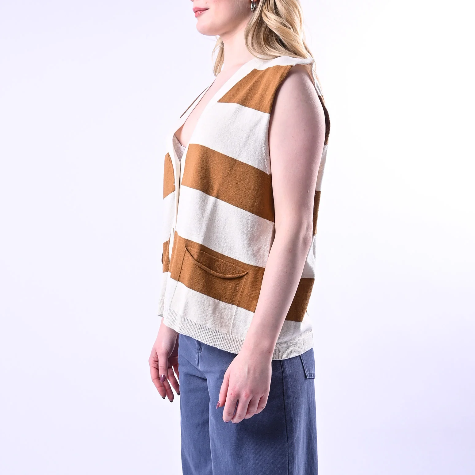 VICOLO - GILET OVER IN MAGLIA A RIGHE ART.24B3134 - BURRO/CAMMELLO - Image 3