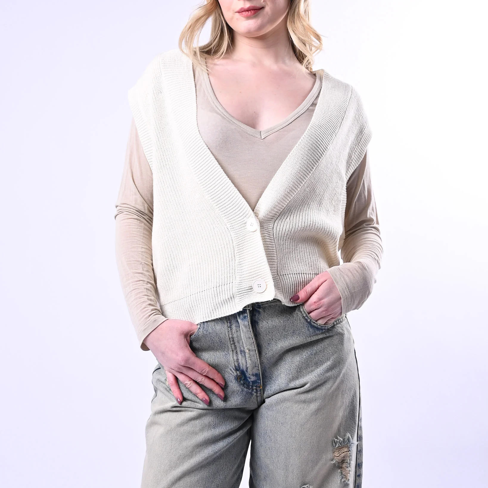VICOLO - GILET IN MAGLIA COSTA INGLESE ART.7AB7070 - BURRO - Image 2