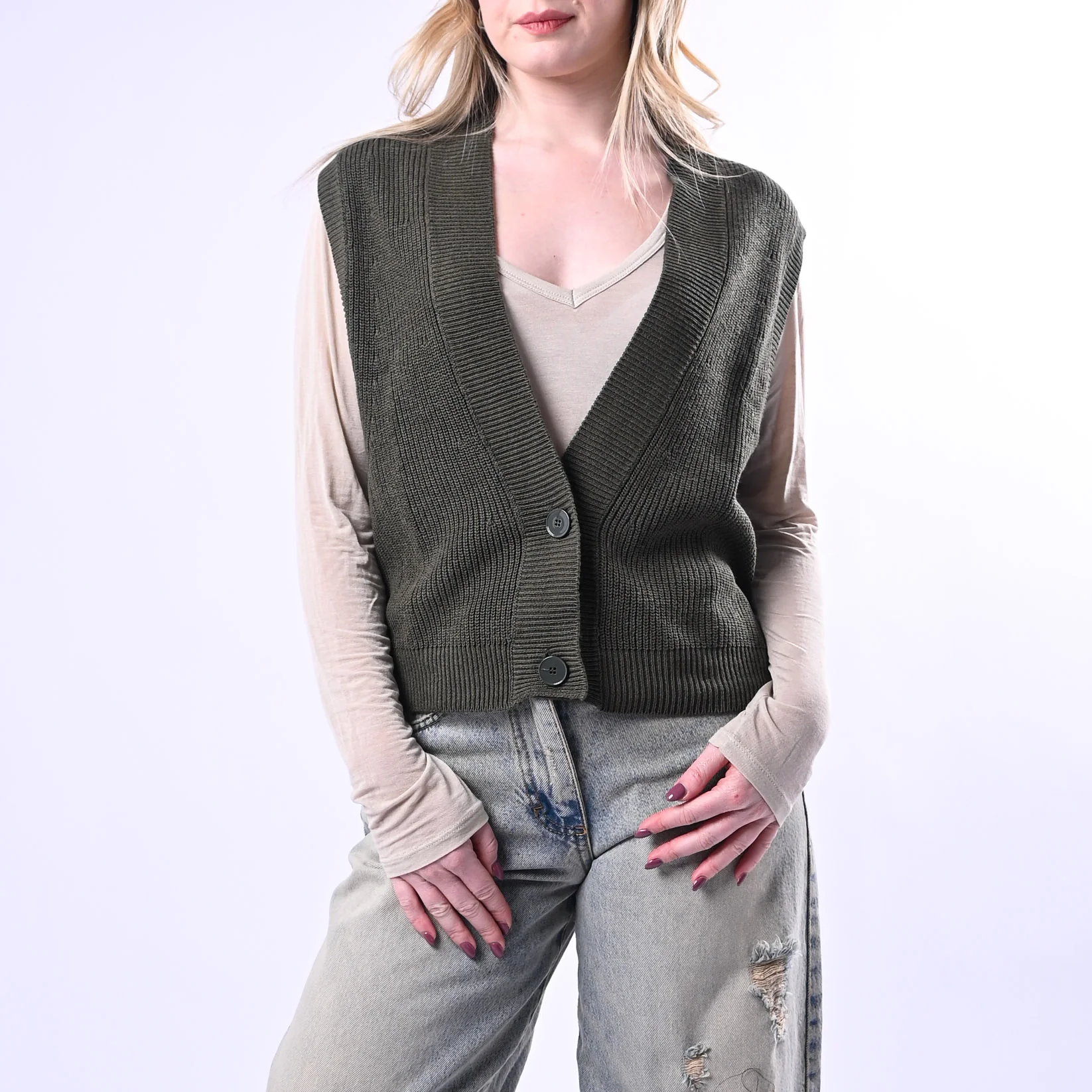 VICOLO - GILET IN MAGLIA COSTA INGLESE ART.7AB7070 - MILITARE