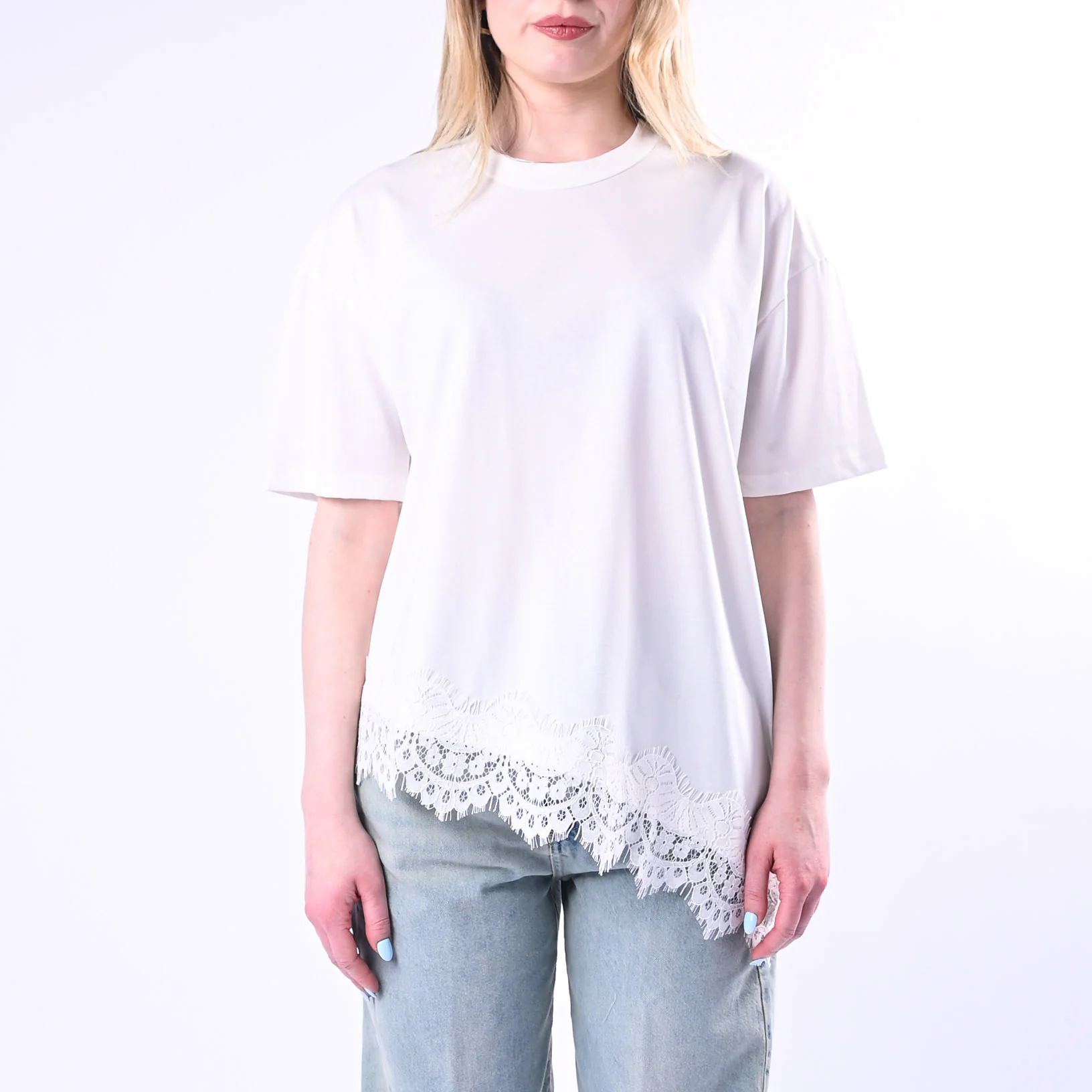 VICOLO - T-SHIRT ASIMMETRICA CON PIZZO ART.RAB0598/N - NATURALE - Image 2