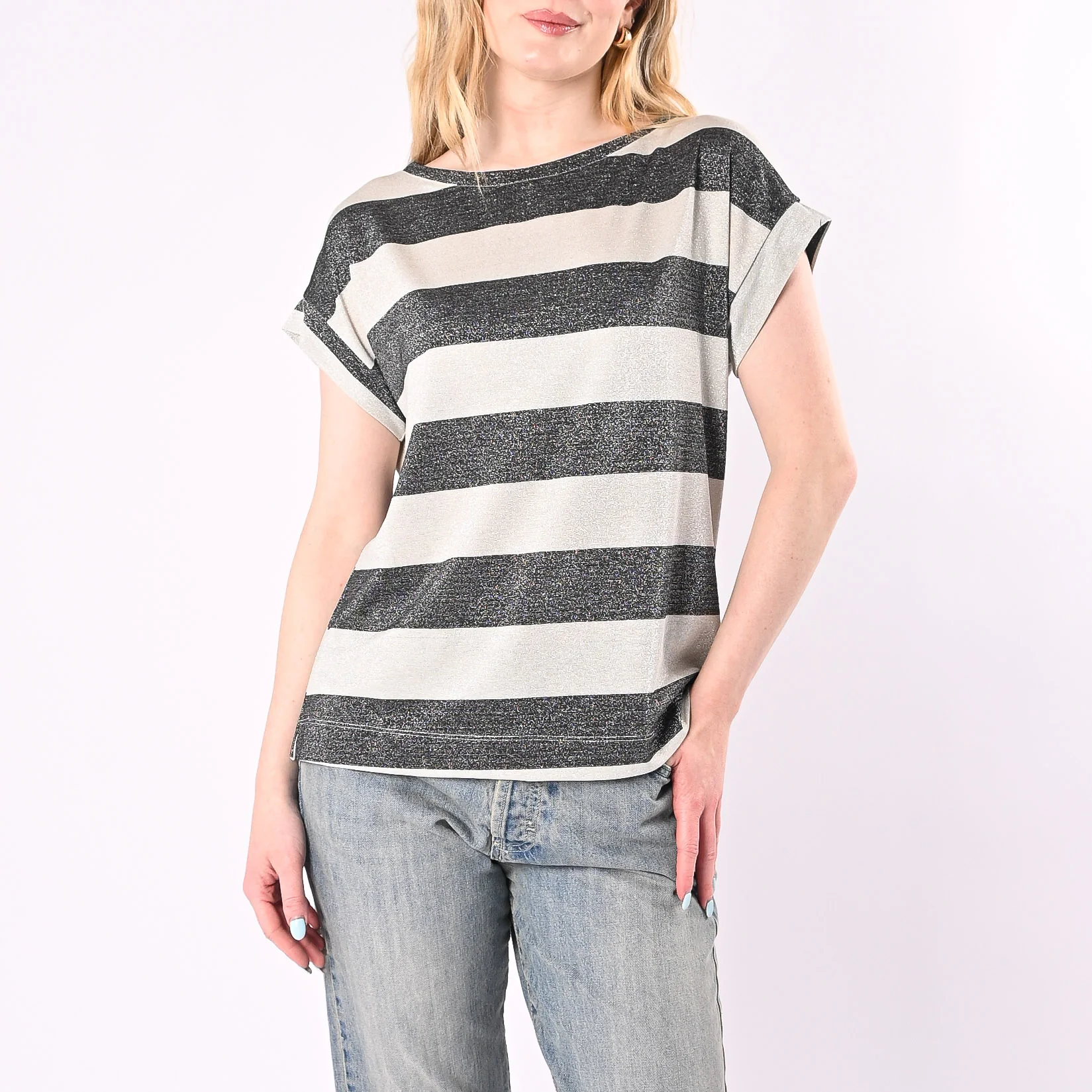 VICOLO - T-SHIRT OVER RIGA LUREX ART. UAB0401/NA - NERO/ARGENTO