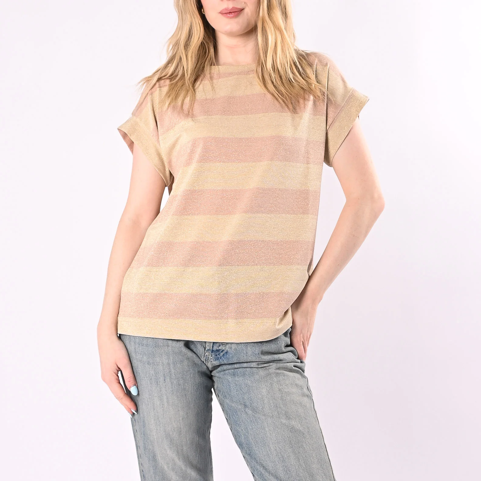 VICOLO - T-SHIRT OVER RIGA LUREX ART. UAB0401/RO - ROSA/ORO