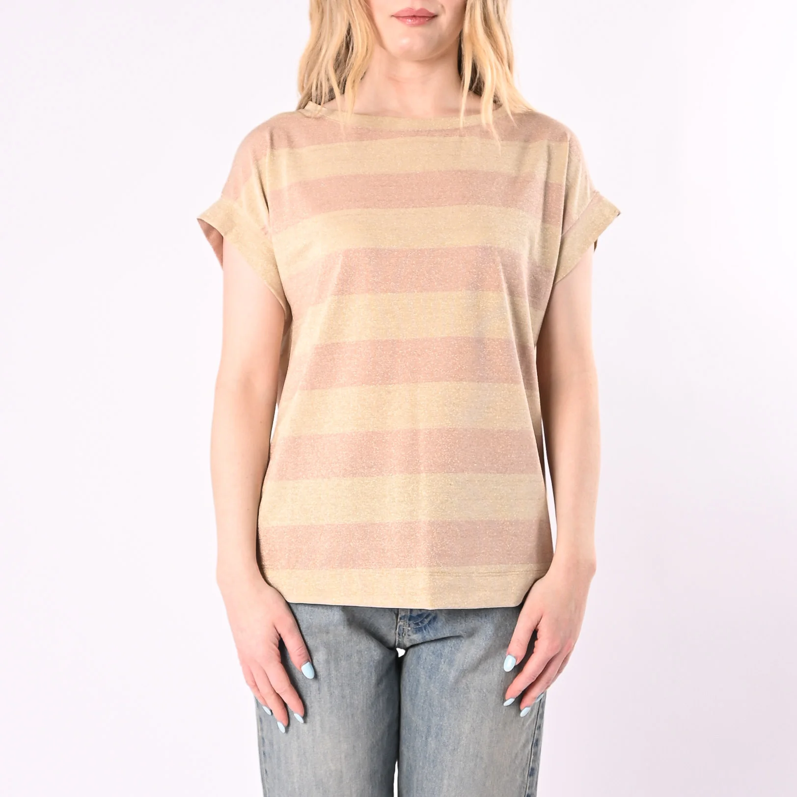 VICOLO - T-SHIRT OVER RIGA LUREX ART. UAB0401/RO - ROSA/ORO - Image 2