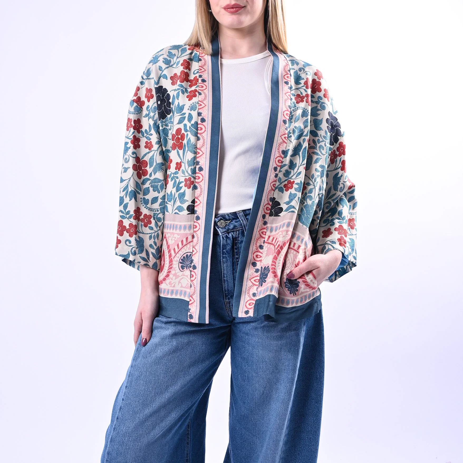 WU'SIDE - GIACCA/KIMONO FANTASIA FLOREALE ART.26278 - AZZURRO/PANNA/ROSA