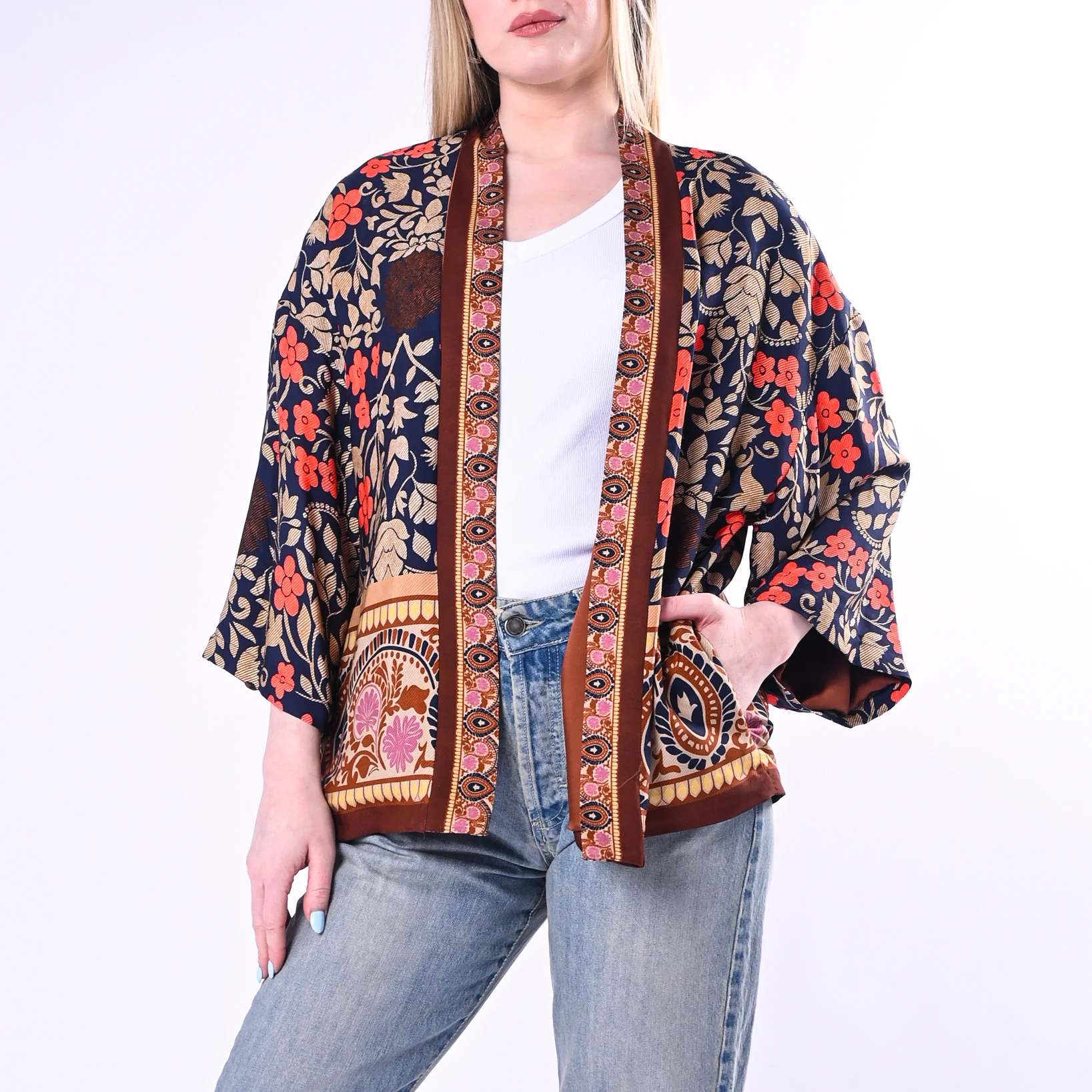 WU'SIDE - GIACCA/KIMONO FANTASIA FLOREALE ART.26278/B - BLU/ARANCIO/MORO