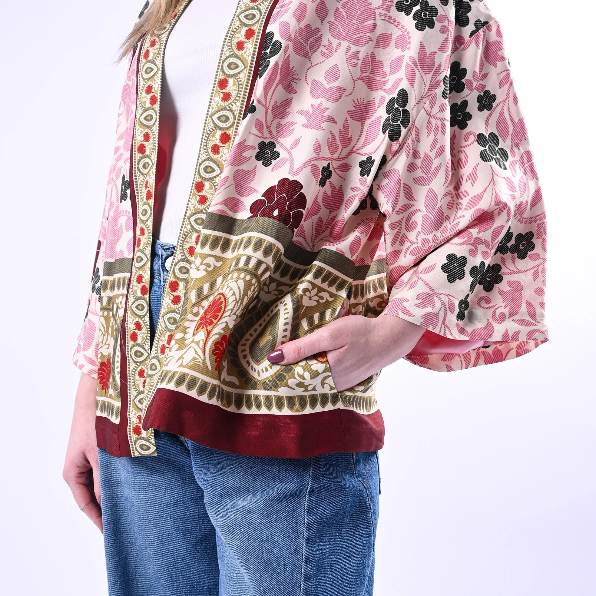 WU'SIDE - GIACCA/KIMONO FANTASIA FLOREALE ART.26278 - ROSA/VERDE/BORDEAUX - Image 5