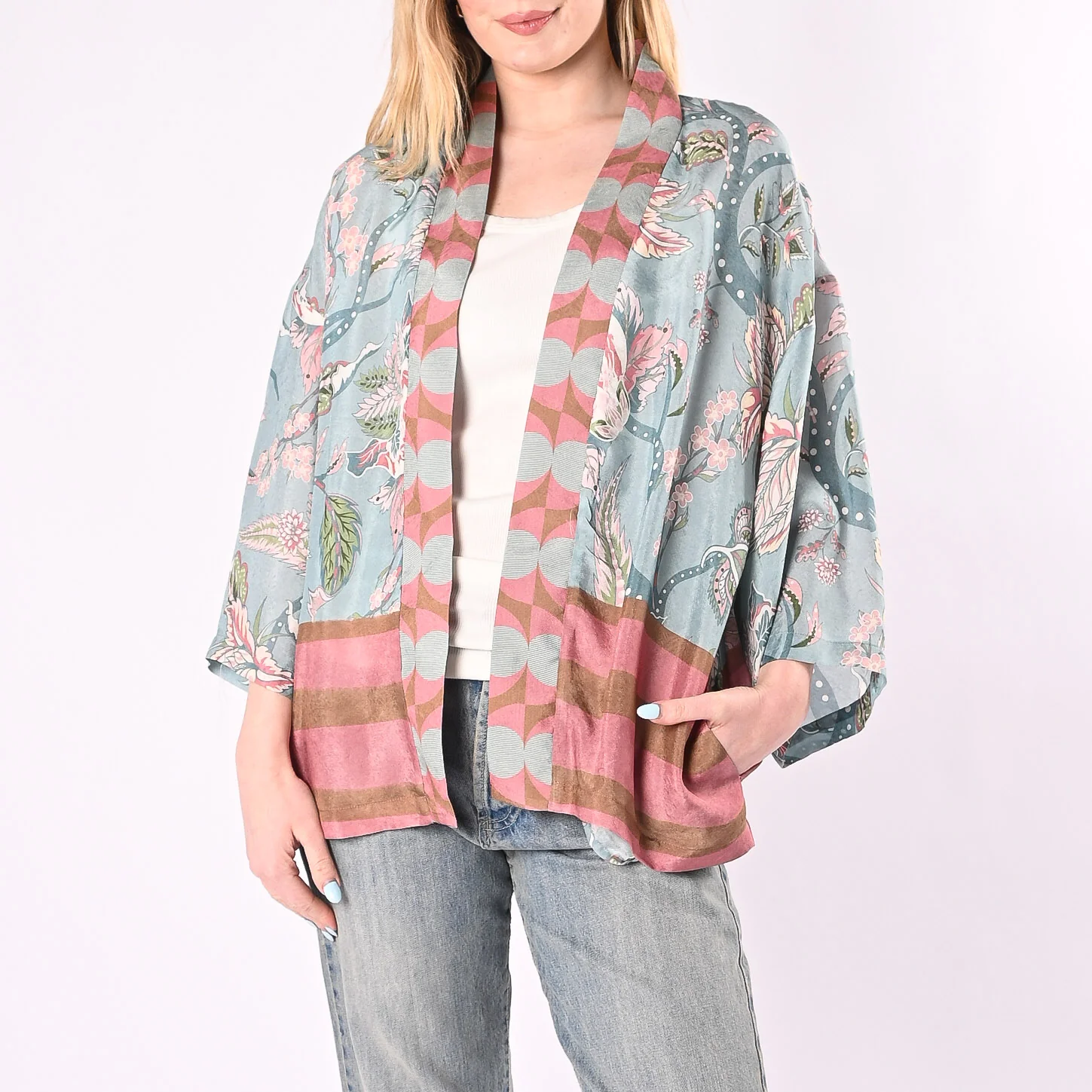 WU'SIDE - GIACCA/KIMONO FANTASIA FLOREALE IN VISCOSA ART.26532/A - AZZURRO