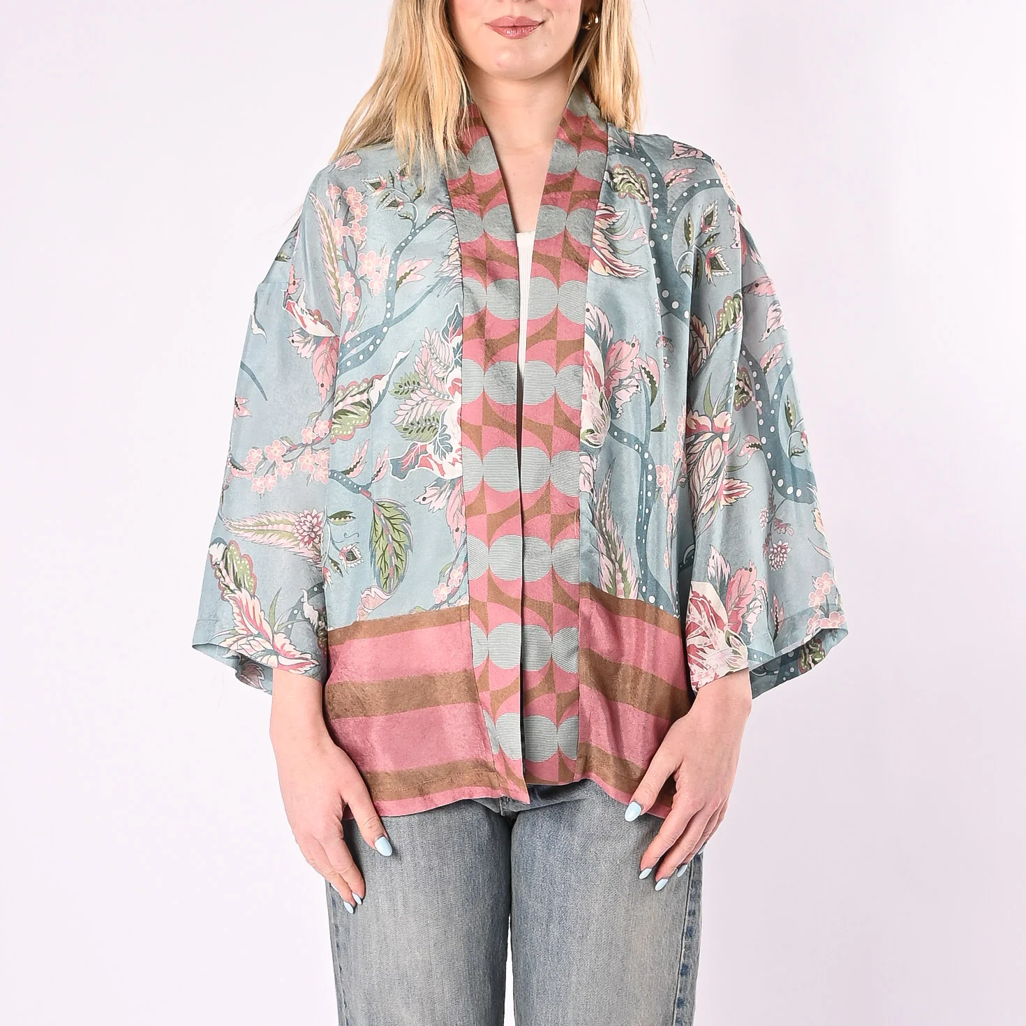 WU'SIDE - GIACCA/KIMONO FANTASIA FLOREALE IN VISCOSA ART.26532/A - AZZURRO - Image 2
