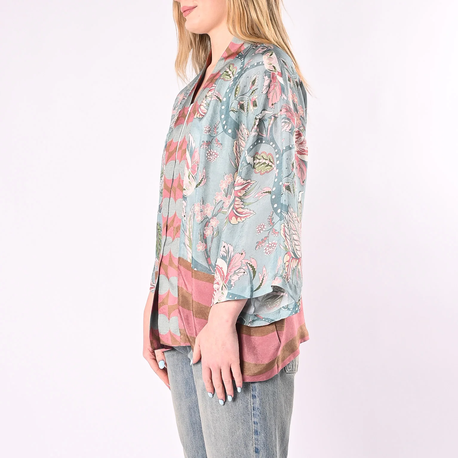 WU'SIDE - GIACCA/KIMONO FANTASIA FLOREALE IN VISCOSA ART.26532/A - AZZURRO - Image 3