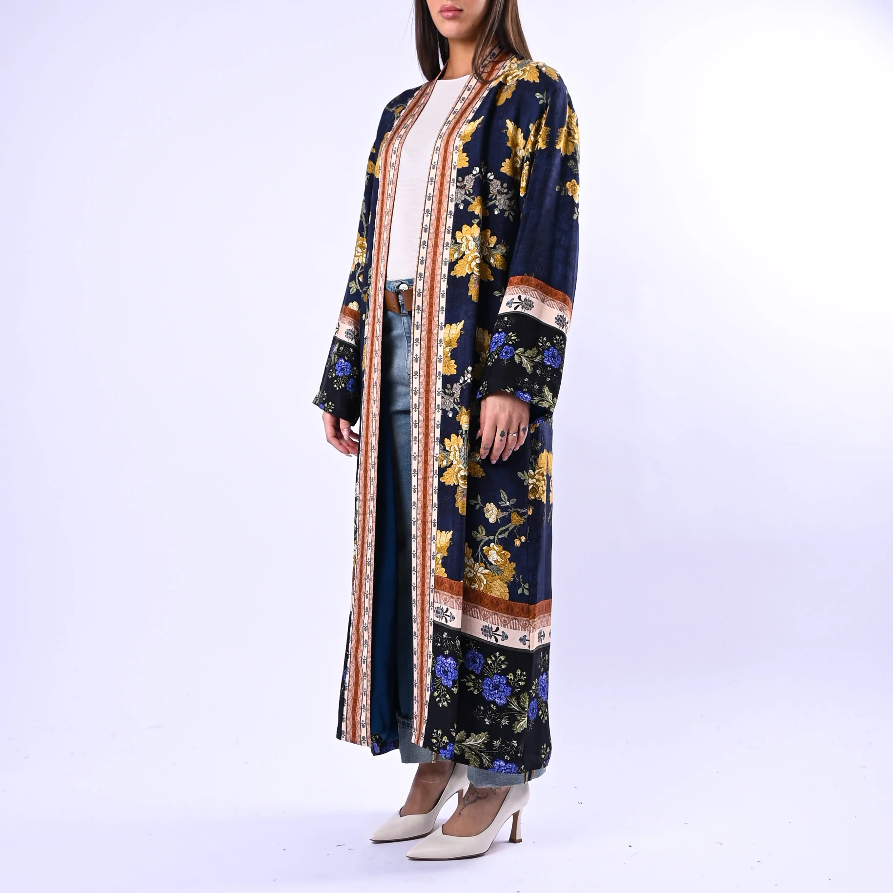 WU'SIDE - KIMONO LUNGO FANTASIA FLOREALE ART.26258 - BLU/ORO/PANNA - Image 3