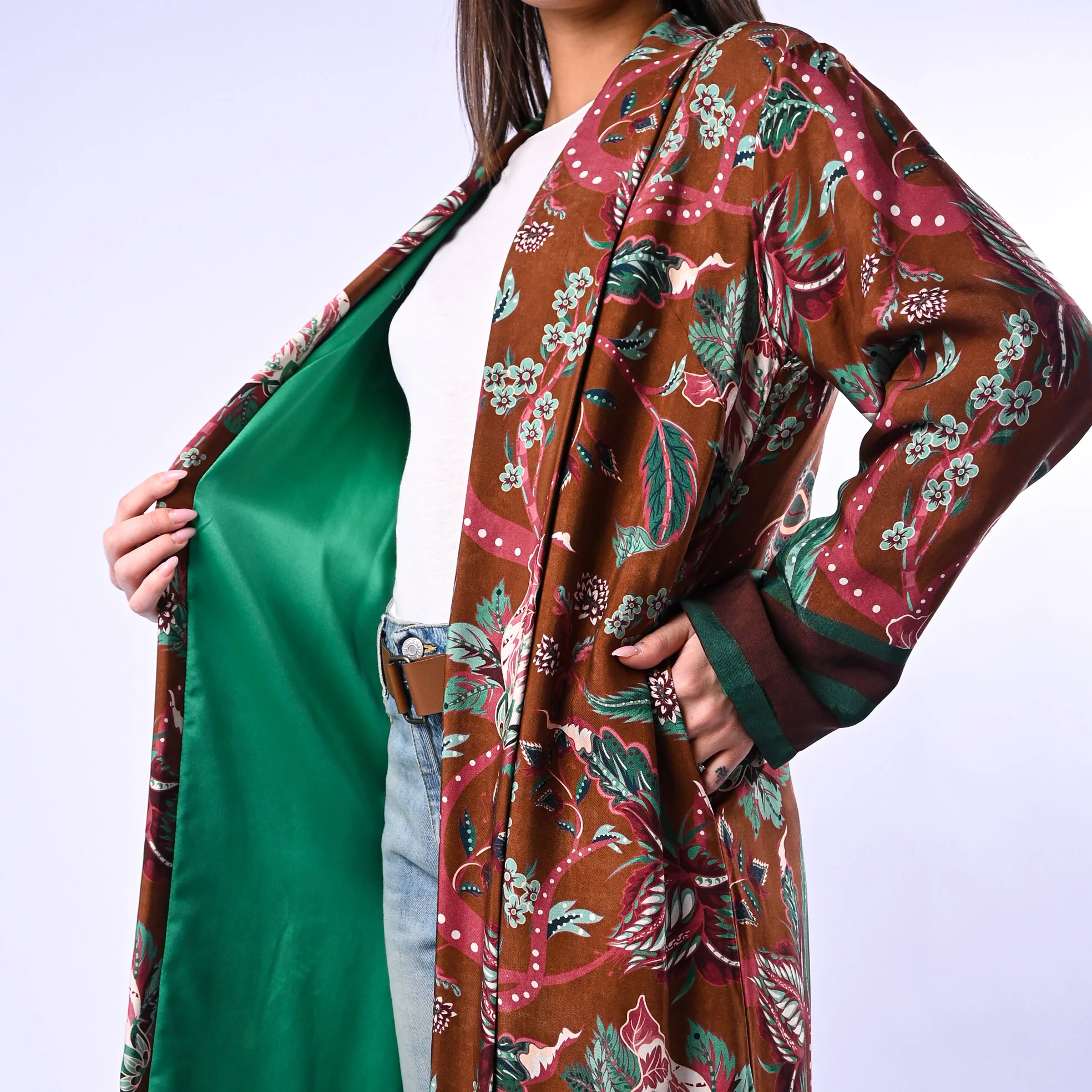 WU'SIDE - KIMONO MEDIO FANTASIA FLOREALE ART.25288N - MARRONE/TURCHESE - Image 5