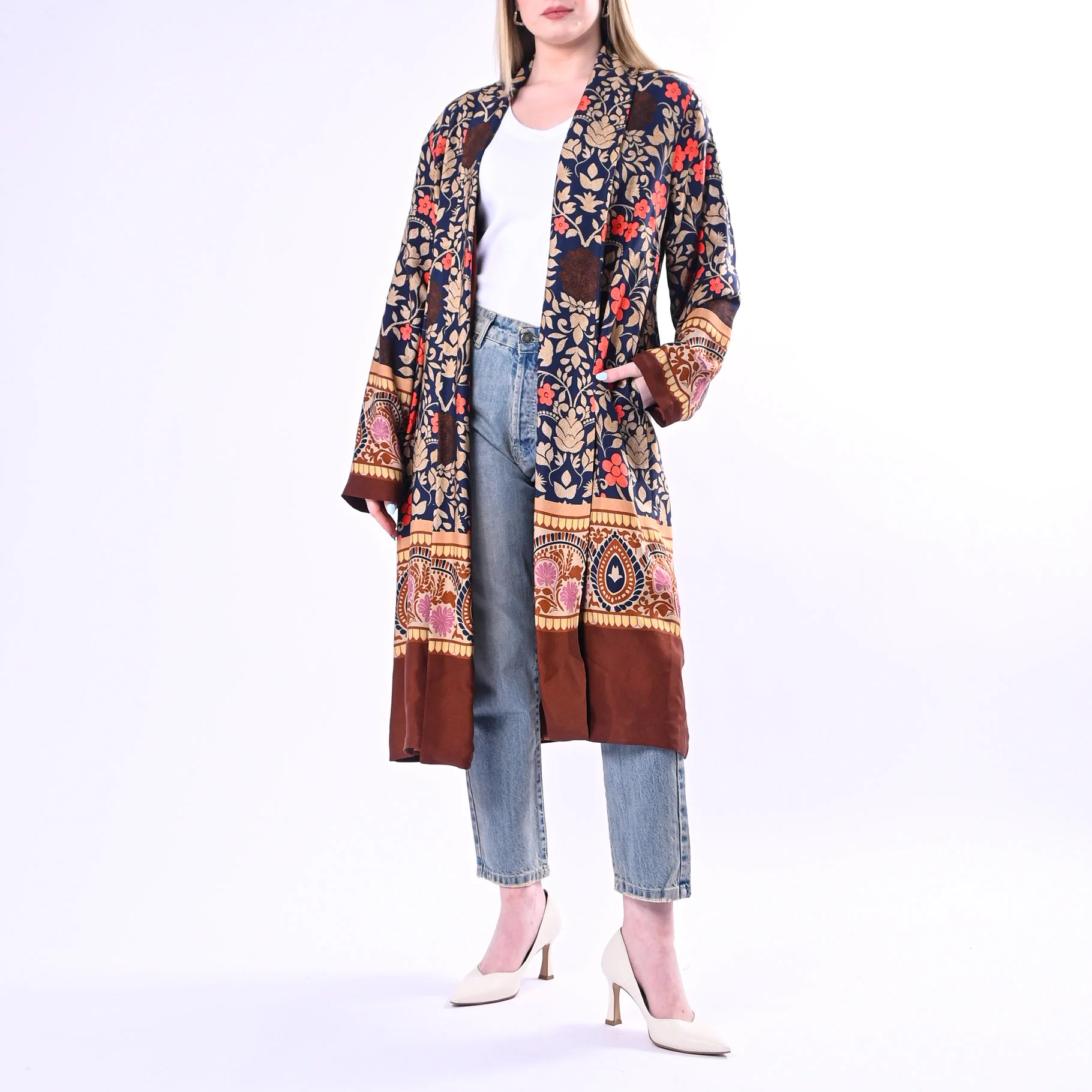 WU'SIDE - KIMONO MEDIO FANTASIA FLOREALE ART.26268/B - BLU/ARANCIO/MORO