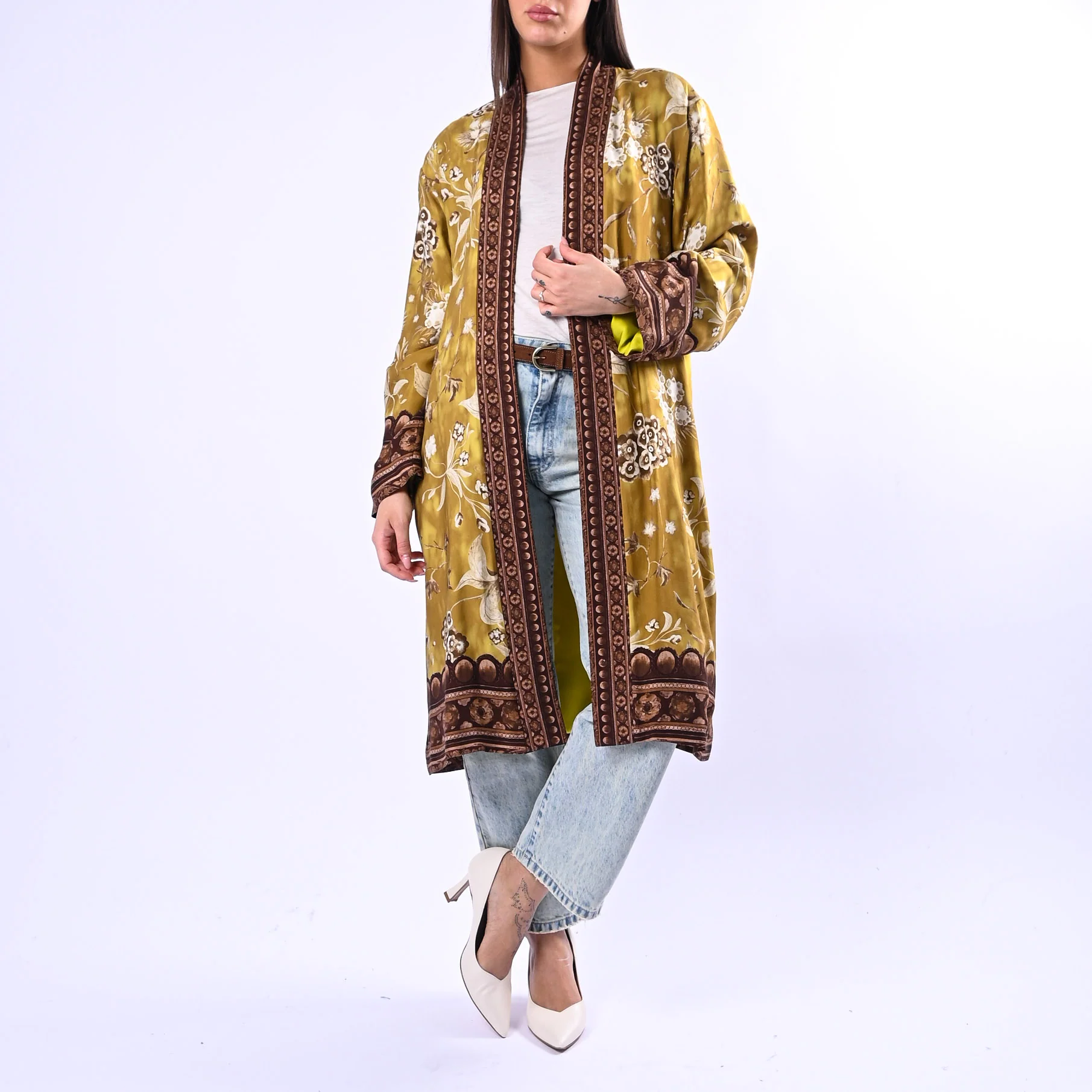 WU'SIDE - KIMONO MEDIO FANTASIA FLOREALE ART.26298 - SENAPE/MORO