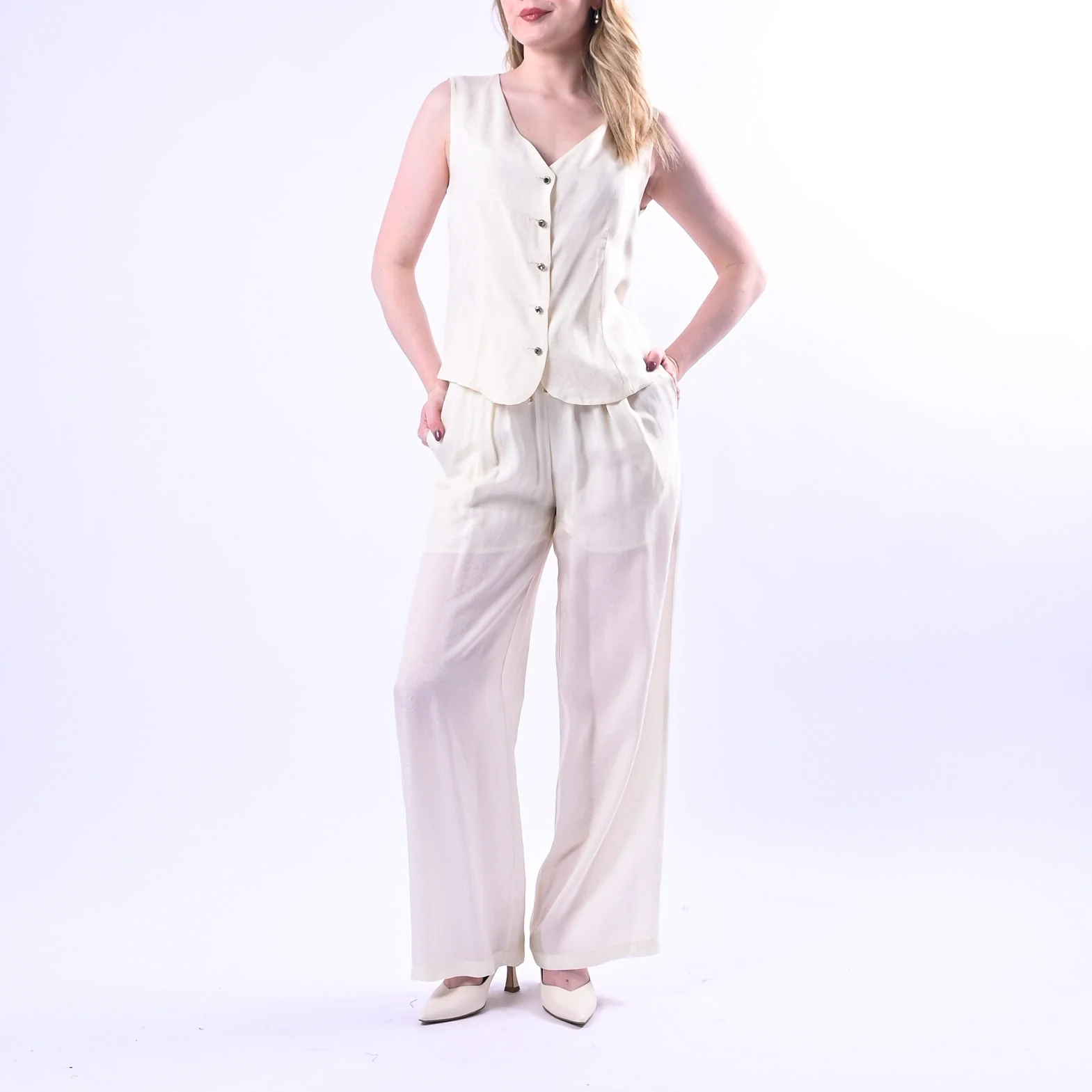 WU'SIDE - PANTALONE PALAZZO FLUIDO CON COULISSE  ART.26289 - AVORIO - Image 5